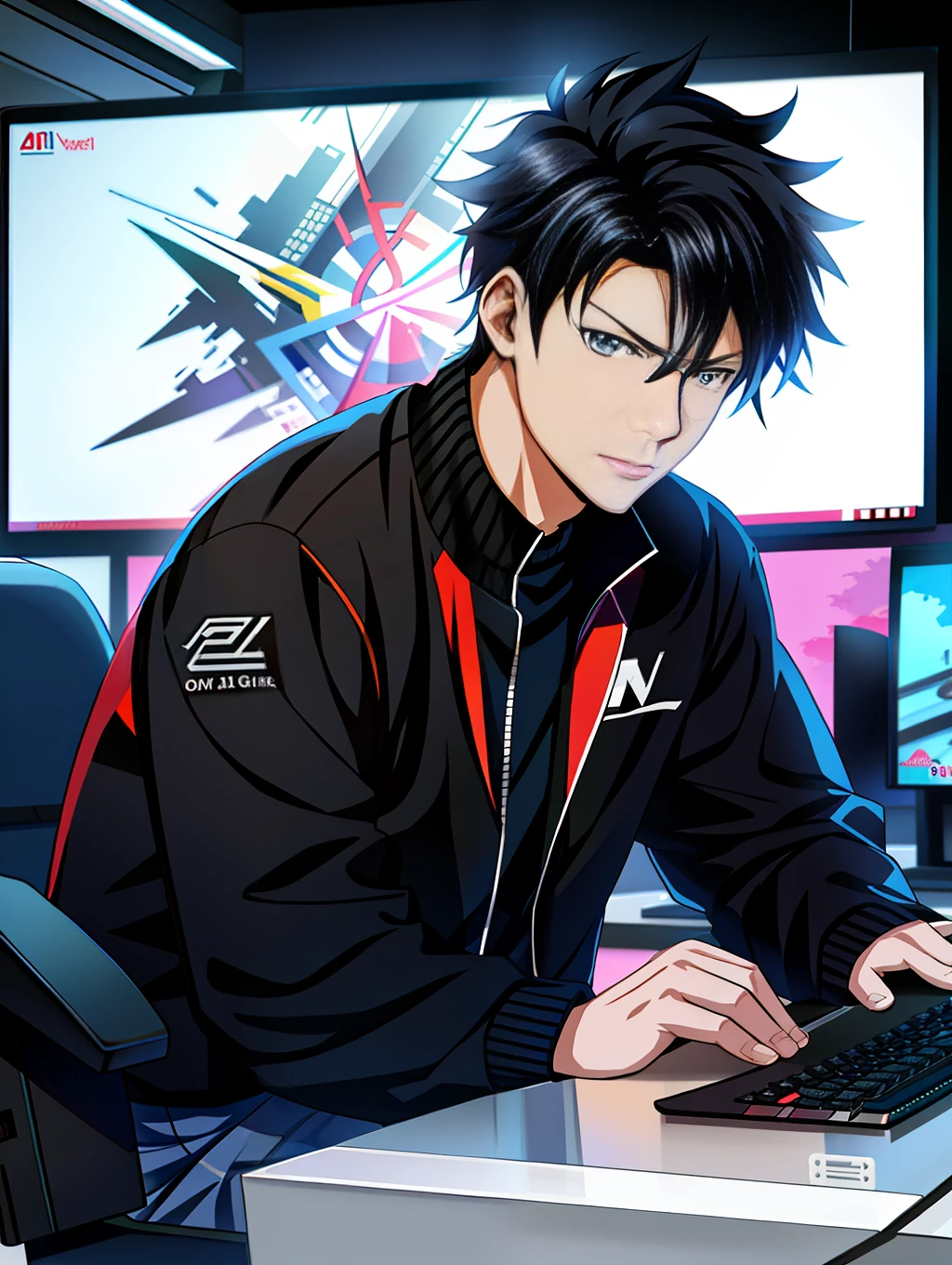 anime guy sitting at a desk with a keyboard and a monitor, trigger anime artstyle, ig studios anime style, high quality anime artstyle, digital anime illustration, digital anime art, anime style 4 k, profile picture 1024px, badass anime 8 k, jett from valorant, handsome anime pose, anime artstyle, clean artstyle