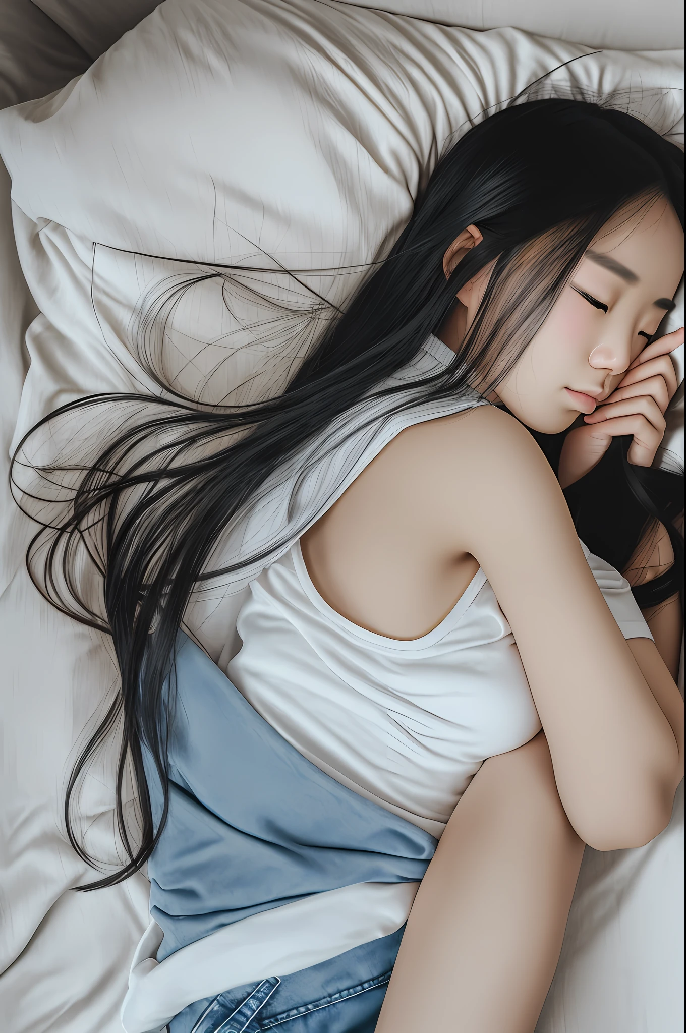 A sleeping Chinese woman, 25 years old, realistic, she wears blue jeans, a white t-shirt, and long black hair. High detail, high resolution. White skin, holding a white Pomeranian --auto --s2