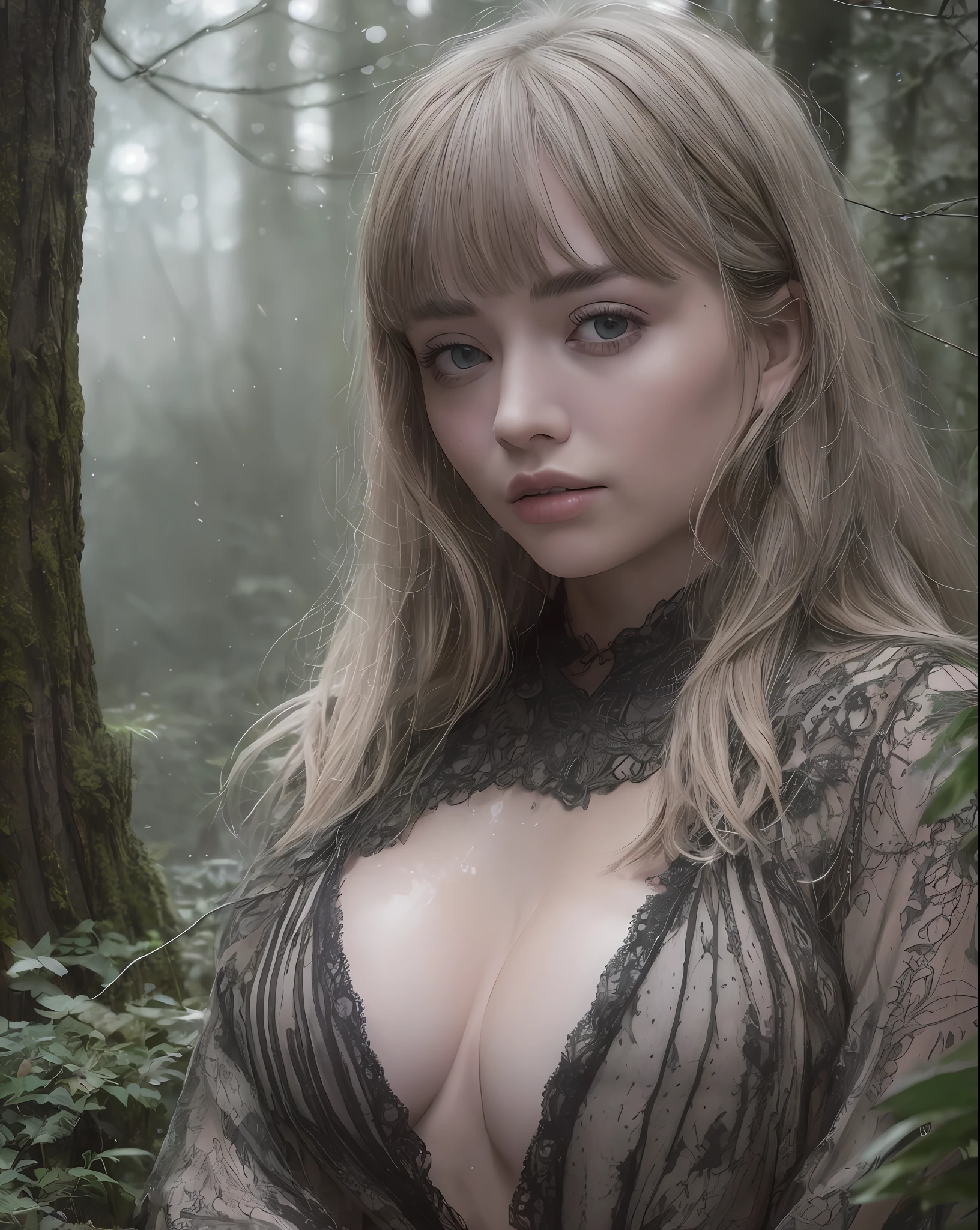 Imogen Poots in the forest at night, big breasts, ultra detailed skin, ultra detailed eyes, rwsgated blouse, thin waist, wet skin, skin details, well detailed face, wet, forest, dry branches, night, dramatic effect, a dark background grove with an intense fog, ultra realistic and detailed, best quality, 32K, amazing photography, natural night light, movie directed by Peter Jackson twilight wide-angle lens: :20 H.R Giger::20 --ar 2048:1536 --iw 1.3 --s 300 --v 5.1 --raw style