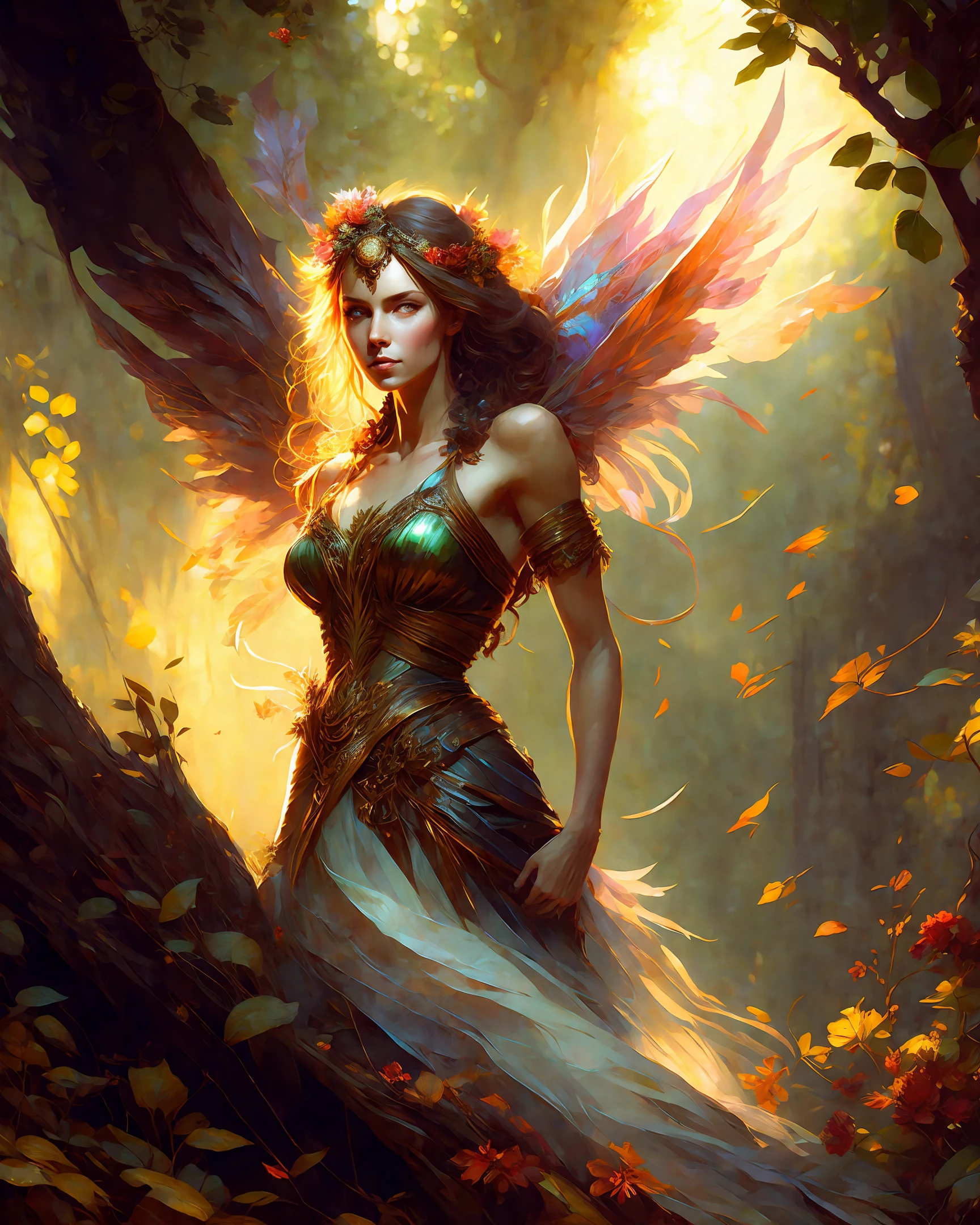 Forest nymph in sunlight; Ben Bauchau, Michael Garmash, Daniel F Gerhartz, Clint Cearley, Carne Griffiths, Jean Baptiste Monge, strybk style, warm dreamy lighting, matte background, volumetric lighting, pulp adventure style, fluid acrylic, dynamic gradients, bold color, illustration, highly detailed, simple, smooth and clean vector curves, no jagged lines, vector art, smooth, johan grenier, character design, 3d shadowing, fanbox, cinematic, ornate motifs, elegant organic framing, hyperrealism, posterized, masterpiece collection, bright lush colors, TXAA