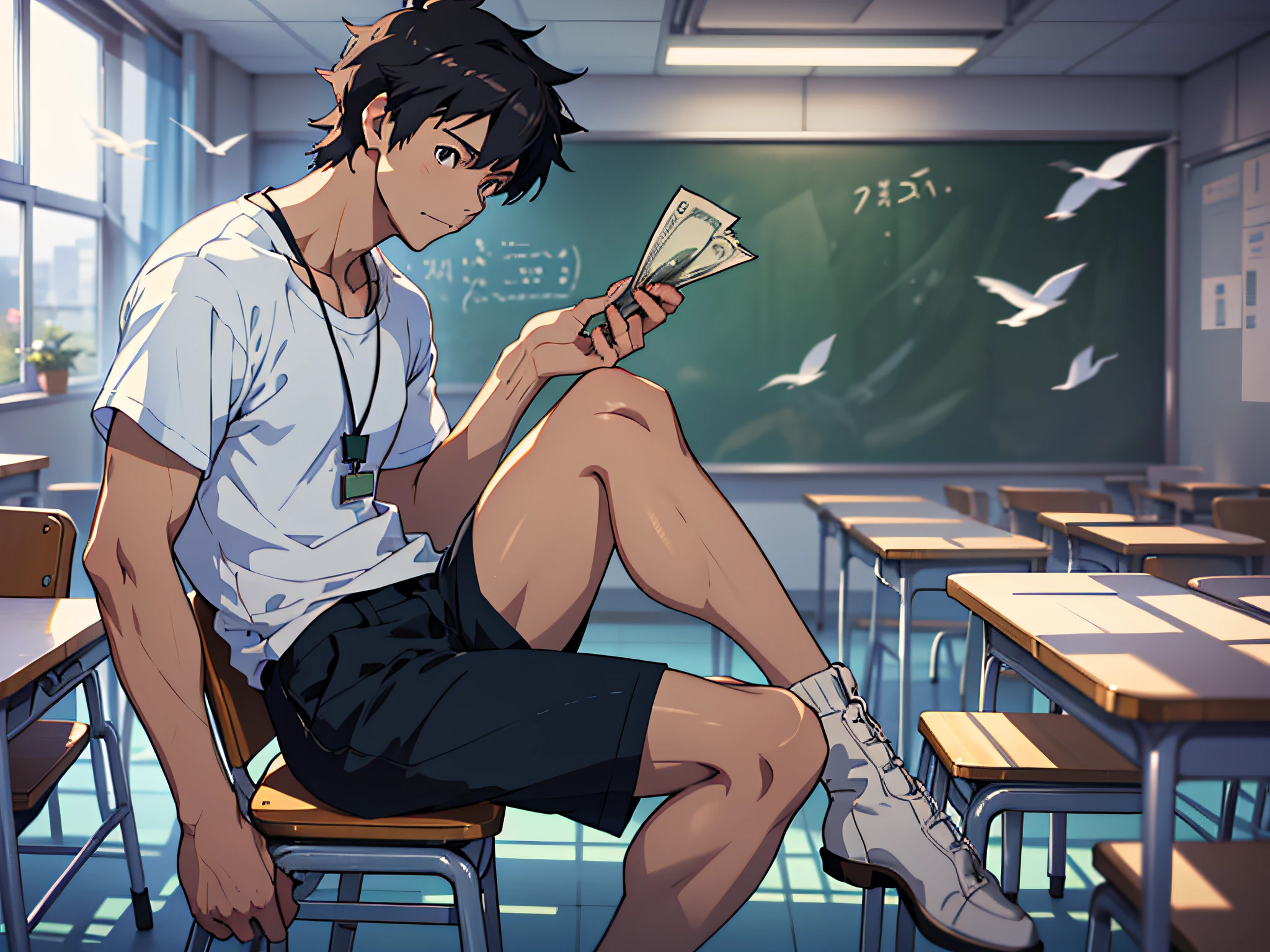 An anime boy character sitting on a chair, a high school boy in a school classroom, a man wearing a white T-shirt, the background is inside the classroom, sitting on a stool, the camera is mainly the upper body, (dollars flying in the air 2.2, money flying around him) (1.5), Loepfe Art Style, ((Makoto Shinkai)), popular on CGSTATION, Makoto Shinkai. —H 2160, Loepfe aesthetics, Loepfe, inspired by Bian Shoumin, Loepfe hip hop, Shinkai Makoto, Kavasi, Guvitz style, high quality, 4K, 8K, resolution, --auto --s2