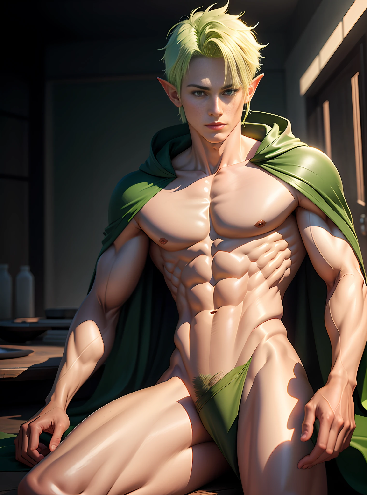 (hyper-realistic digital illustration), (perfect face:1.1), (high detail:1.1) one extremely handsome male elf (naked torso) wearing micro green g-string, mage long green cloak, clean shaved, front view, lying on his back, holding legs raised, athletic body, (white skin), bare chest, flat chest,(long green hair scruffy ), serene expression, small waist, muscular. best quality, high-resolution