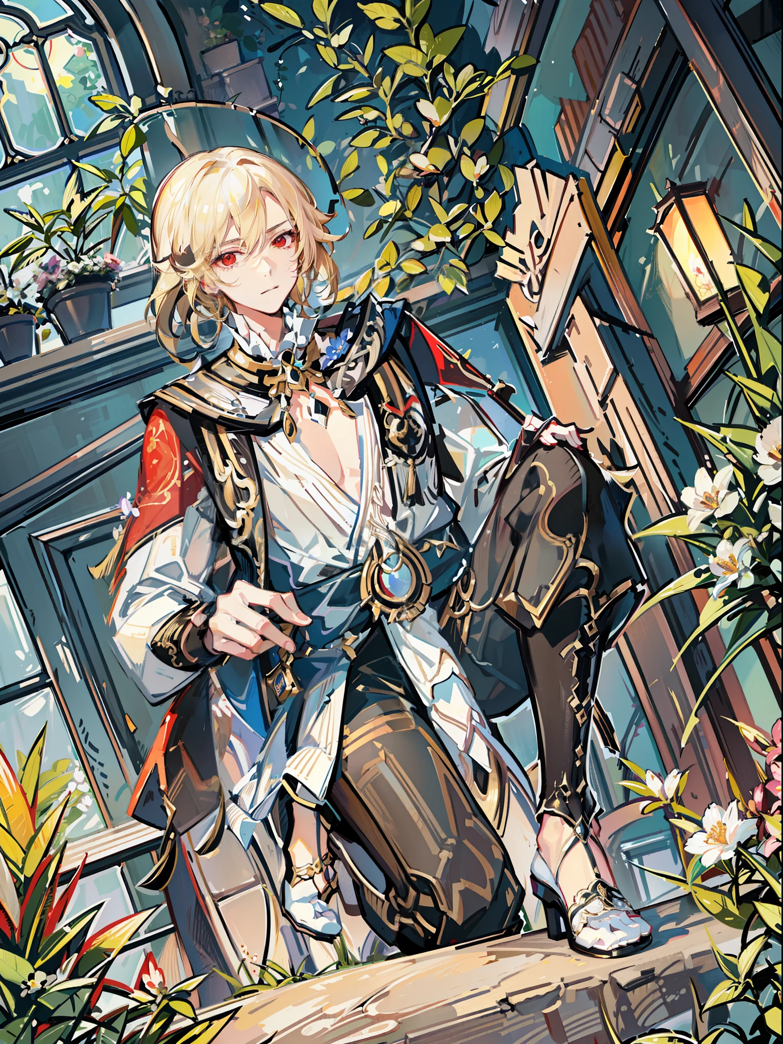 extremely delicate and beautiful, Amazing, finely detail, masterpiece, ultra-detailed, highres,best illustration, best shadow,intricate,sharp focus, high quality, 1male, solo, blond hair. red eyes, kaveh genshin impact, glass greenhouse, flowers in pots, flowers for sale, man looking at flowers, flowers everywhere