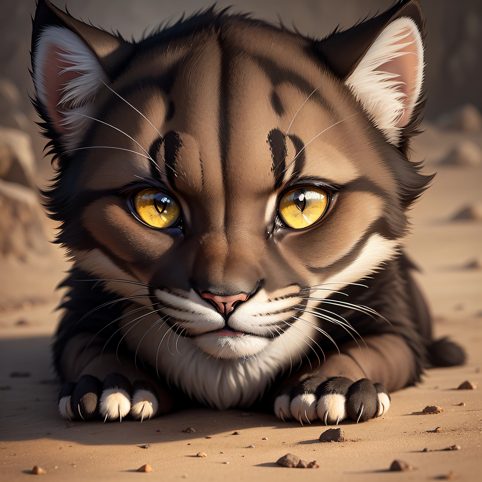 extremely detailed, ultra-realistic black fur mountain lion cub, staring straight at the viewer with piercing yellow eyes.