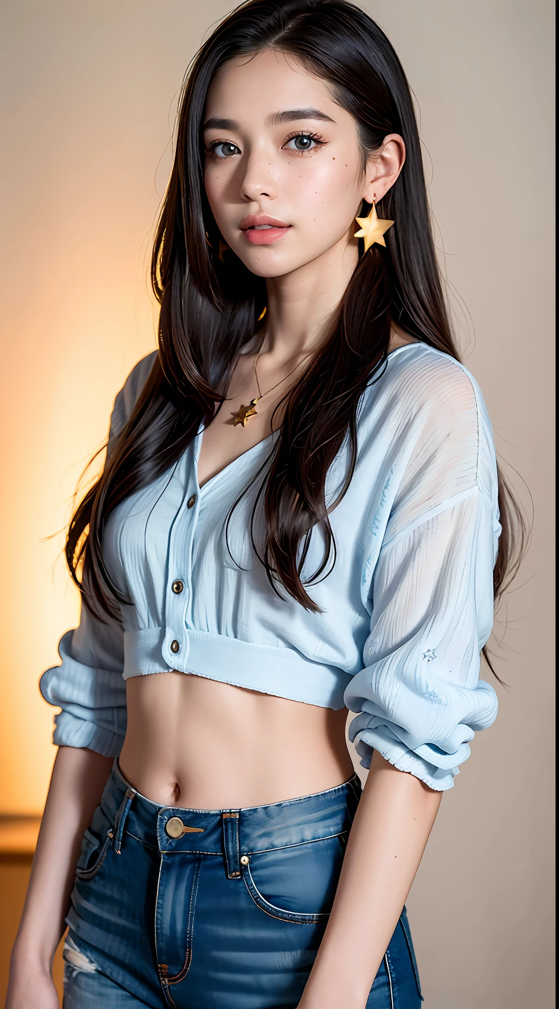 A photograph of a beautiful ((17 years)) American woman, award-winning photo, best quality, portrait by Annie Leibovitz, Canon 5D Mark II, film, professional photography, (rich colors: 1.1), hyper realistic, realistic texture, (natural lighting: 1.1), (Canon EF 85mm f/1.4L IS USM), ripped jeans shorts, cropped printed flowery, full body, standing, face lightly made up, extra long hair,  long hair, brown hair mixed with blonde, slightly wavy hair, bright blue eyes, rounded eyes, western woman, thick lips, tanned skin, shy, beautiful smile, long eyelashes, extremely detailed eyes and face, thin nose, realistic pupils, thick legs, thin waist, light freckles on the face, star earrings, hair parted sideways, arched eyebrow, black mascara in the eyes, bracelet with star pendant, cord with star pendant (Increase body line mood:1.1), (increase cinematic lighting quality: 0.9), (Increase skin texture beauty:1.1), smooth white background wall