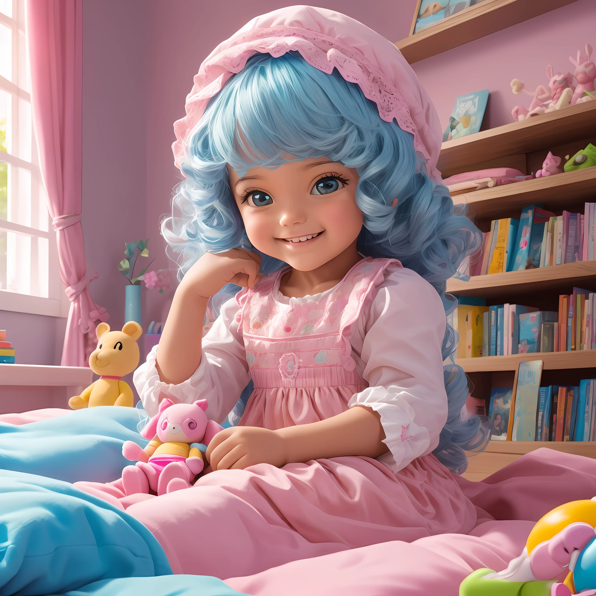 The image shows a beautiful doll sitting in the middle of a pink and light blue bed in a 's room filled with toys and children's books. The doll has curly hair, big brown eyes, and a big smile on her face, giving a sense of joy and happiness. The room is brightly lit with natural sunlight, highlighting the colors and bringing out the vibrancy of the toys and books. The pink and light blue colors are used throughout the room, including the bedspread, curtains, and walls, creating a cohesive and cheerful atmosphere. The main focus of the image is on the doll, showing off her intricate features and attention to detail, while the setting adds context and enhances the overall appearance. --auto --s2