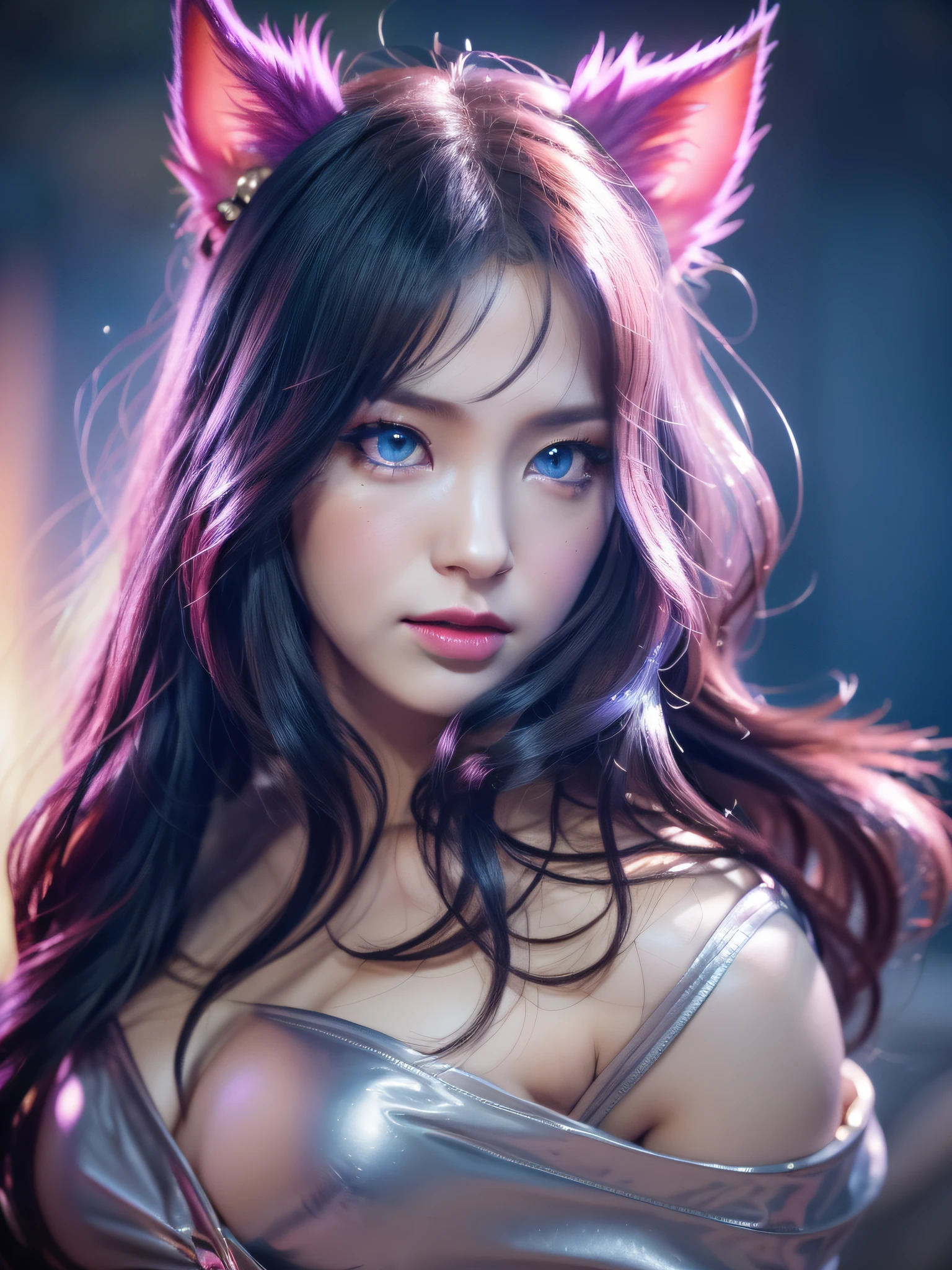 High Quality, shiny skin, ahri from league of legend, armor, ulzzang-6500-v1.1, (masterpiece:1.4), (8k, photorealistic, RAW photo, best quality: 1.4), japanese, (1girl), beautiful face, (realistic face:1.4), beautiful hairstyle, beautiful detailed eyes, (best ratio eyes:1.5), attractive, ultra high res, ultra realistic, highly detailed, best ratio, (detailed face:1.4), looking at viewer, red lipsticks, (best ratio fingers:1.5), (realistic blue eyes:1.2), ((high proportional realistic breasts, realistic medium breasts):1.4), (closed mouth:1.5), slender body, (full body visible:1.5), portrait, photography, detailed skin, realistic, photo-realistic, highly detailed, full length frame, High detail RAW color art, piercing, diffused soft lighting, shallow depth of field, sharp focus, hyper realism, cinematic lighting, nine tail fox, clenched fingers