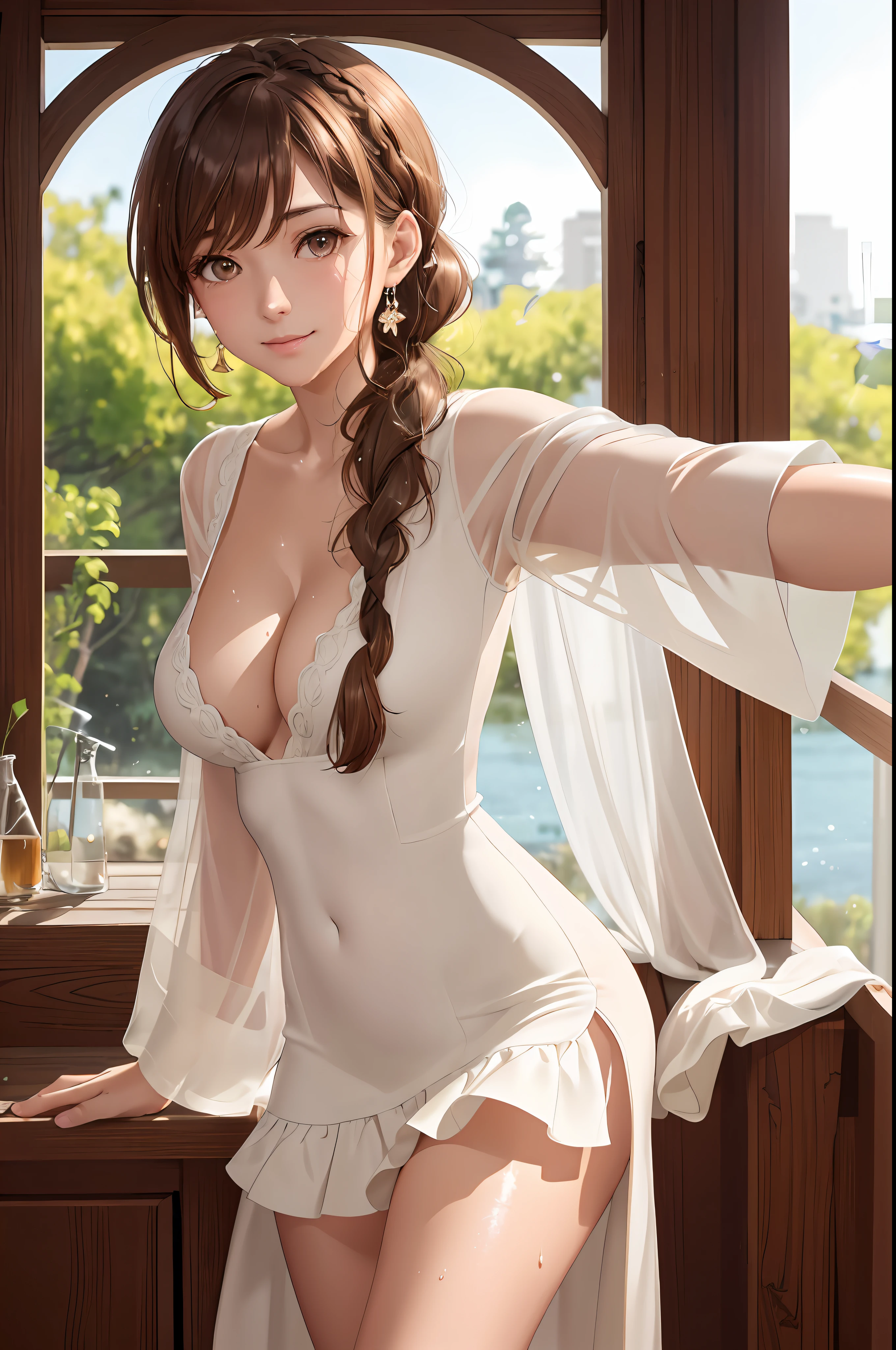 (extremely detailed CG unity 8k wallpaper), (masterpiece), (best quality), (ultra-detailed), (best illustration), (best shadow), (photorealistic:1.1),(PureErosFace_V1:0.5),(taiwanese cute girl),(taiwanese sexy lady),(taiwan gorgeous milf),real human skin, lens flare, shade, backlighting,(natural lighting),film grain,((1 girl)),ultra-high res,(detailed eyes:1.4),brown eyes, seductive smile,cute,(solo focus),(brown hair),((hime cut short hair with low tied back braided ponytail)),((white sideless Tiered Flutter Sleeve Maxi Dress)),((Lea V-Neck Cardigan coat)),((medium breasts)),(cowboy shot),(full body selfie),(medium shot), blurred background,18 y.o,((solo)),(glossy skin),wearing diamond necklace,(looking at viewer),(look to the front),(night),((busty)),(no makeup),(wet),(sweaty)(squint:0.8),(show cleavage),(pout:0.3),(happy512:0.5),(beautiful_mistake-8500:0.5),(close moth),(in laboratory),standing