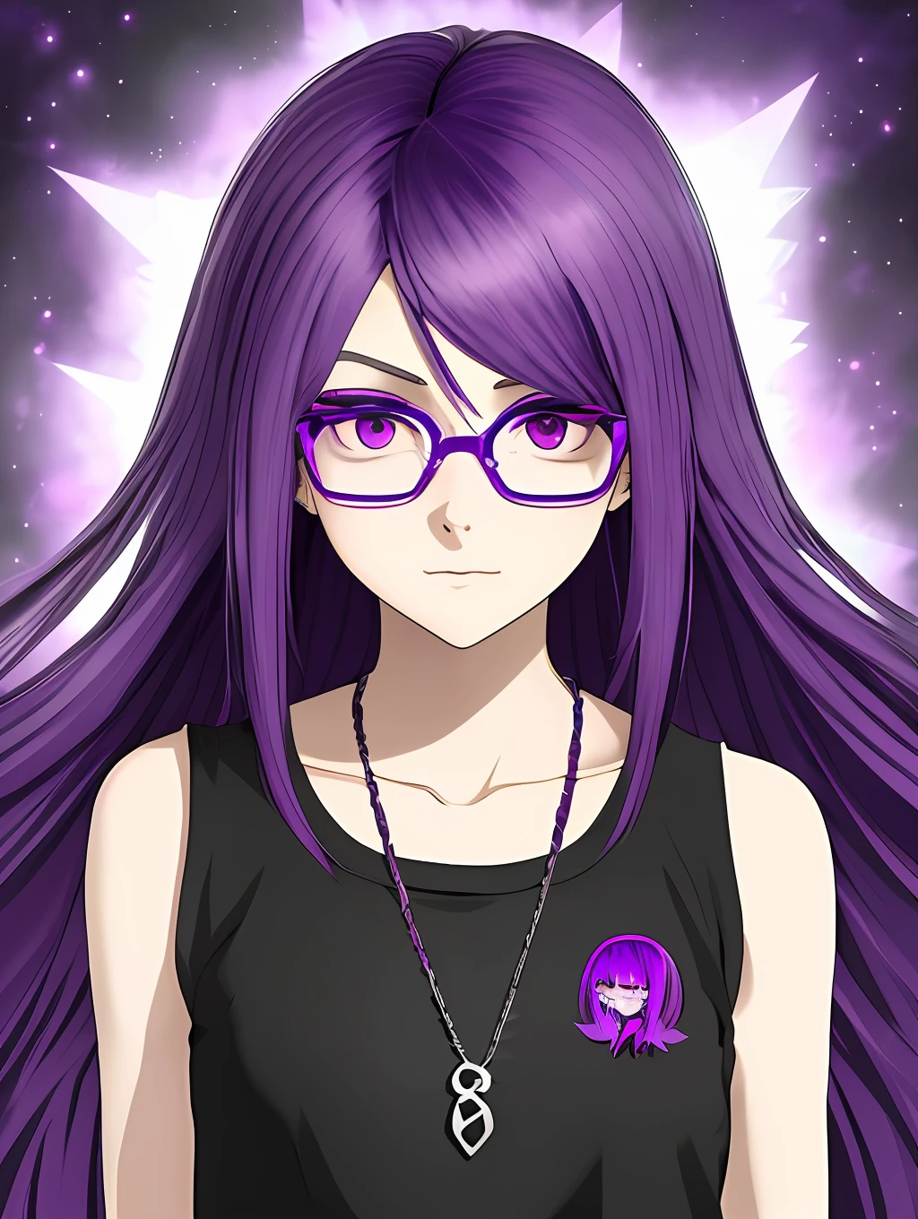 A drawing of a girl with purple hair and glasses, she has purple hair, like an anime character, 2D anime style, dark and depressed, in an anime style, "UKU the prismatic person, female protagonist: 8, pin in anime, anime style only, flat anime style, dark style, (pale young ghost girl)