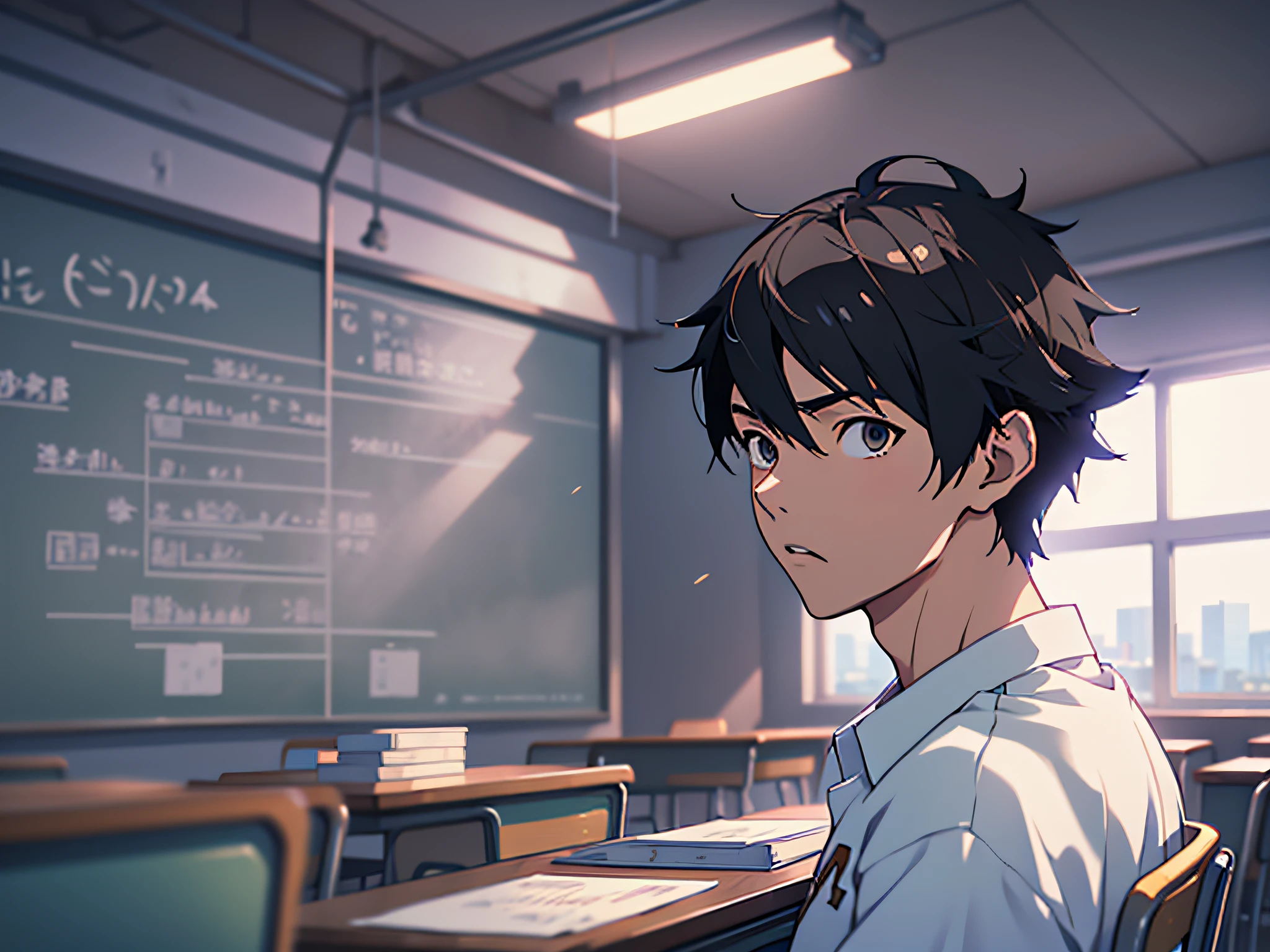An anime boy character sitting on a chair, a high school boy in a school classroom, a man wearing a white T-shirt, the background is inside the classroom, sitting on a stool, the camera is mainly the upper body, (dollars flying in the air 2.2, money flying around him) (1.5), Loepfe Art Style, ((Makoto Shinkai)), popular on CGSTATION, Makoto Shinkai. —H 2160, Loepfe aesthetics, Loepfe, inspired by Bian Shoumin, Loepfe hip hop, Shinkai Makoto, Kavasi, Guvitz style, high quality, 4K, 8K, resolution, --auto --s2