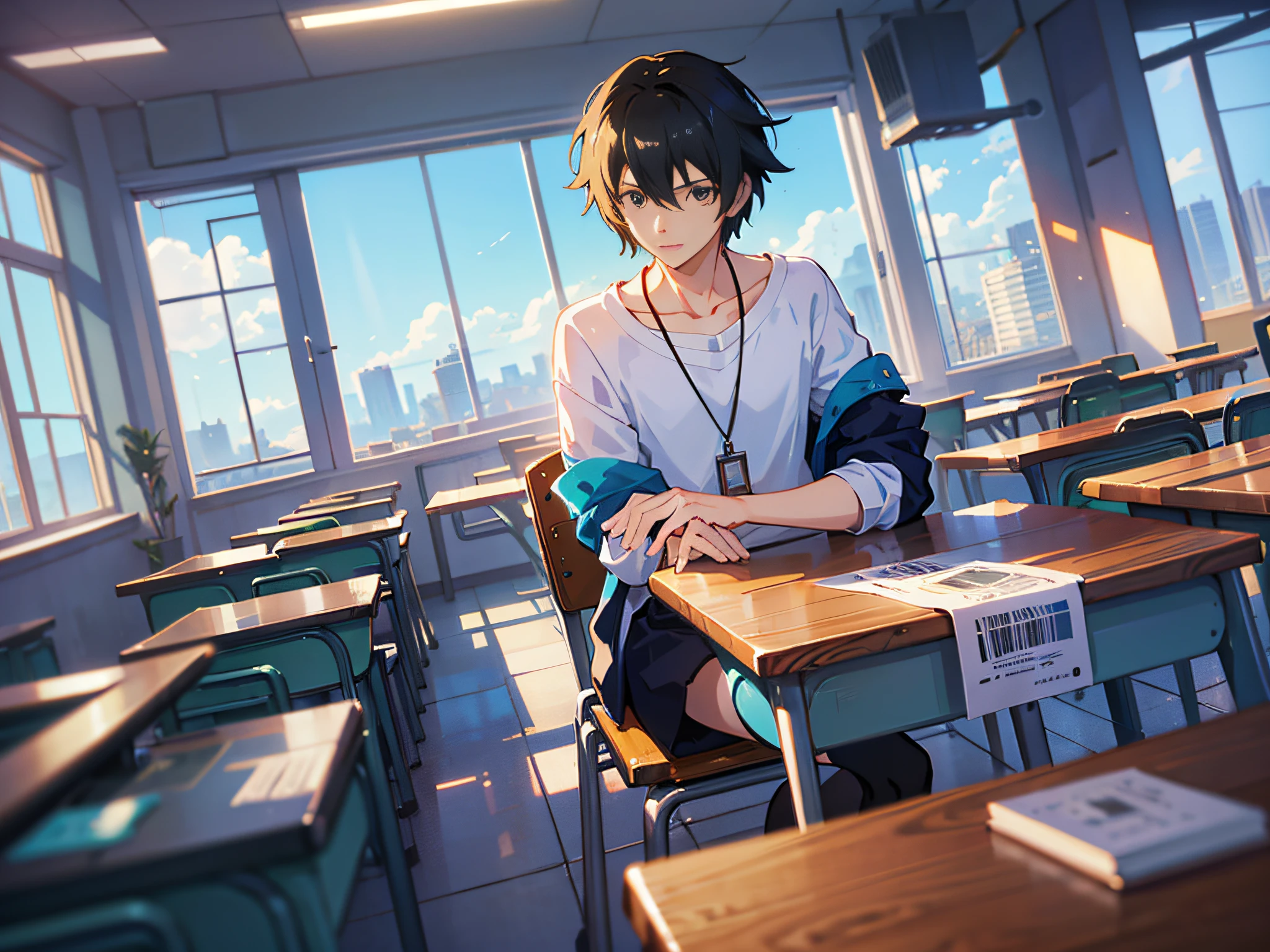 An anime boy character sitting on a chair, a high school boy in a school classroom with classroom in the background, sitting on a stool, (Dollars Flying in the Air 2.2, Money Flying Around Him) (1.5), Loepfe Art Style, ((Makoto Shinkai)), Popular on CGSTATION, Makoto Shinkai. —H 2160, Loepfe Aesthetics, Loepfe, inspired by Bian Shoumin, Loepfe Hip Hop, Shinkai Makoto, Kavasi, Guvitz style --auto --s2