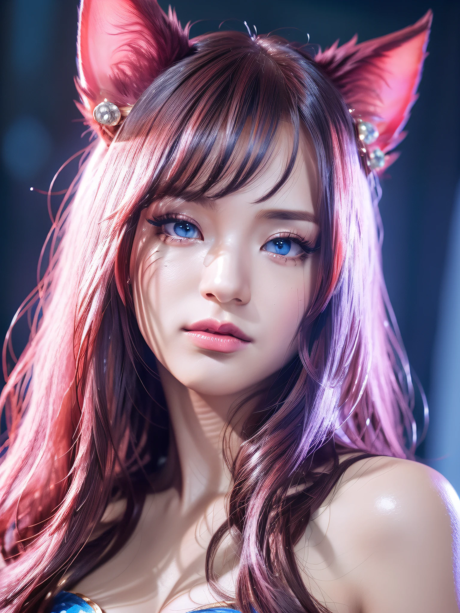 High Quality, shiny skin, ahri from league of legend, armor, ulzzang-6500-v1.1, (masterpiece:1.4), (8k, photorealistic, RAW photo, best quality: 1.4), japanese, (1girl), beautiful face, (realistic face:1.4), beautiful hairstyle, beautiful detailed eyes, (best ratio eyes:1.4), attractive, ultra high res, ultra realistic, highly detailed, best ratio, (detailed face:1.4), looking at viewer, red lipsticks, (best ratio fingers:1.5), (blue eyes:1.2), ((high proportional realistic breasts, realistic big breasts):1.4), (closed mouth:1.5), slender body, (full body visible:1.5), portrait, photography, detailed skin, realistic, photo-realistic, highly detailed, full length frame, High detail RAW color art, piercing, diffused soft lighting, shallow depth of field, sharp focus, hyper realism, cinematic lighting, nine tail fox, clenched fingers