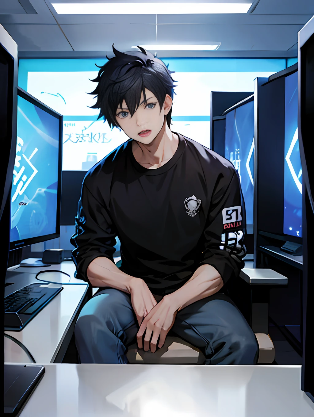 anime guy sitting in front of a computer desk with two monitors, tall anime guy with blue eyes, handsome anime pose, trigger anime artstyle, badass anime 8 k, official art, key anime art, shigenori soejima illustration, official character art, profile picture 1024px, kentaro miura art style