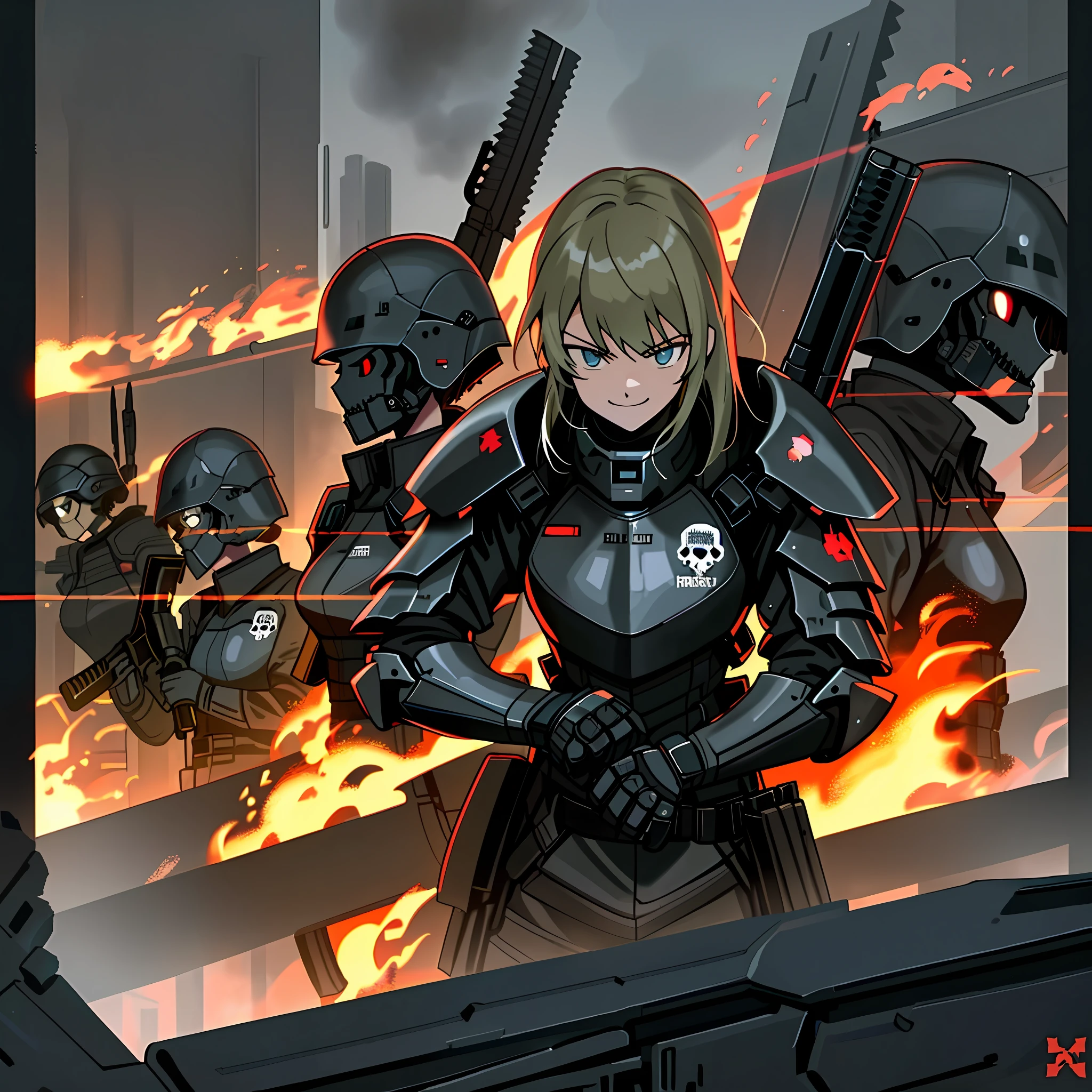 (best quality, masterpiece, extremely detailed), female soldiers in formation, black military tactical armor, black military tactical helmet, skull decal, smirk faces, destroyed futuristic city, warzone, midnight background, flames and smoke,