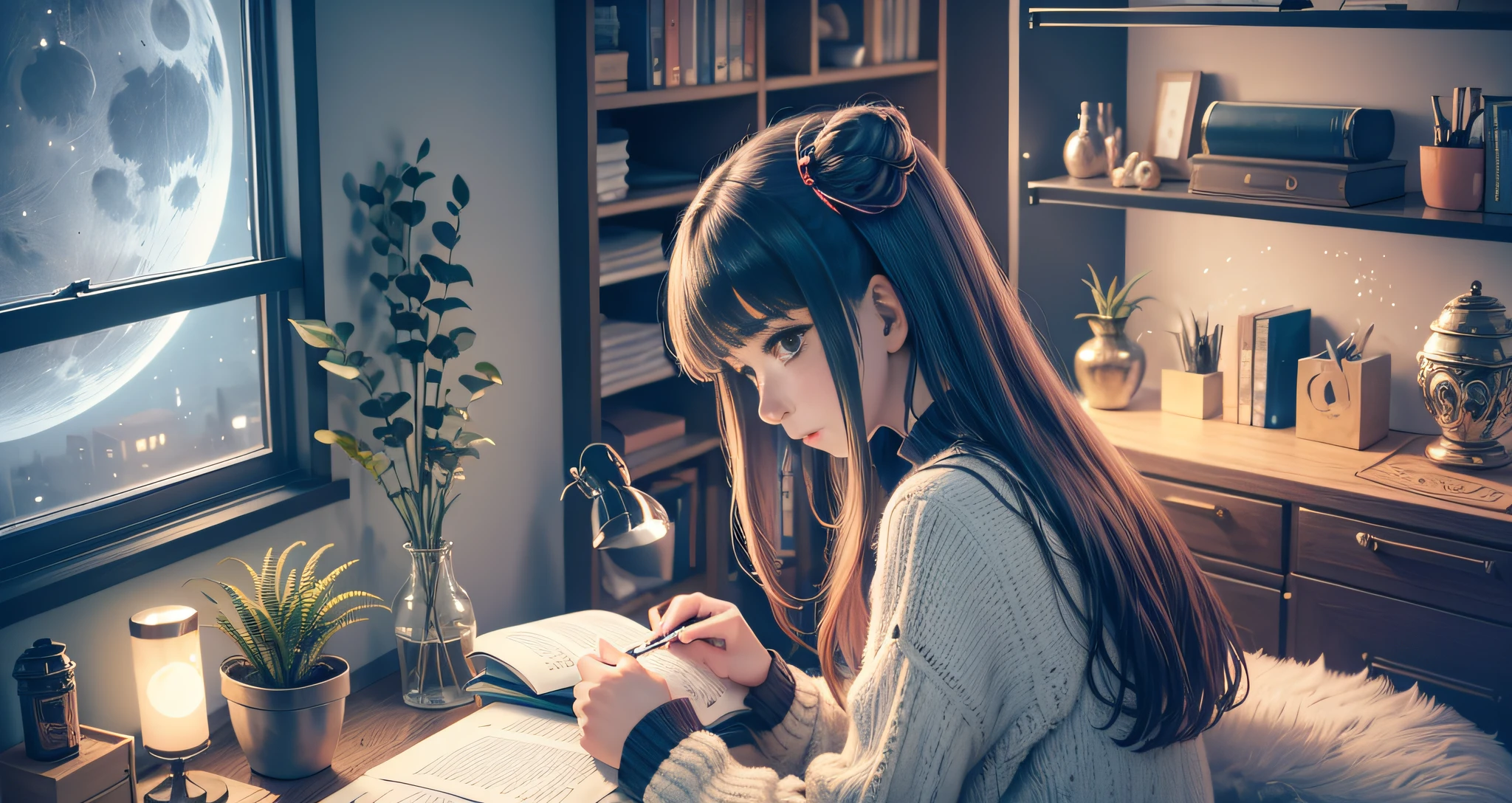 Draw anime - girl reading a book in a bedroom, closet, with vase and plants, 1 nearby lamp, window showing the night with moonlight,
, --auto --s2