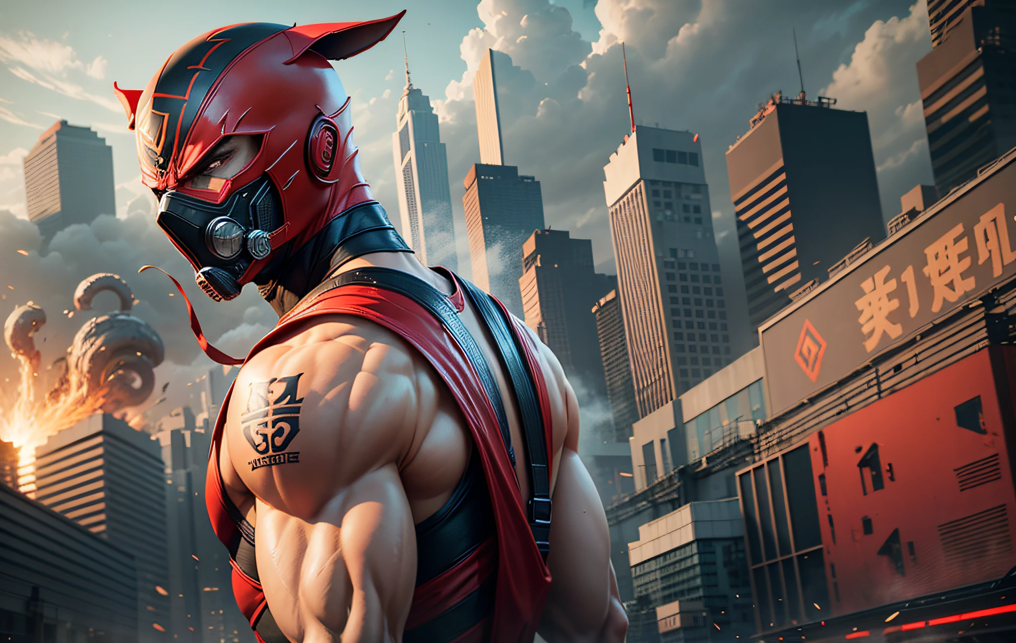 Create a banner for youtube using Mortal Kombat character concept man with mask and dog ears, following pattern of the costumes of the (ermac) red clothes, Masterpiece, Best Quality, Ultra-Detailed, Ground, Destroyed City Background, Shadows, Contrast, Clear Sky, Analog Style (See Viewer:1.2) (Skin Texture) (Film Grain: 1.3), Ultra-High Resolution, Octane Render, 16K --auto --s2