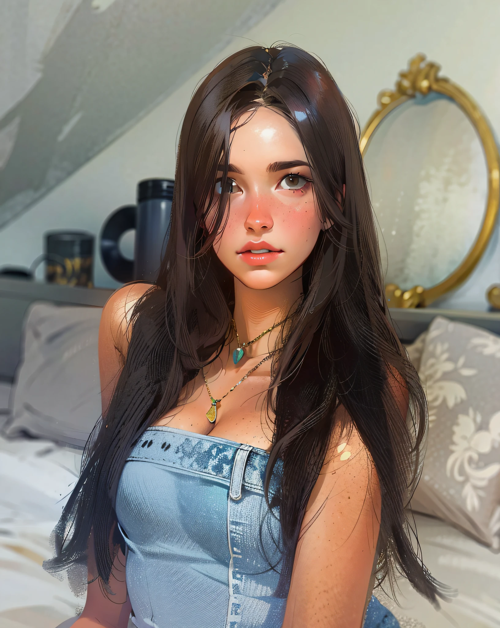 a hyper-realistic portrait of a young woman, half asleep, under a tree, inside a forest, in the middle of nature, 22 years old, realistic, (lying on her side), she is wearing a red panties, (wearing a garter belt and black pantyhose), sexy, (huge breasts 2:1), torn, (all torn), short brown hair, (hair tied with bows), curved, SFW