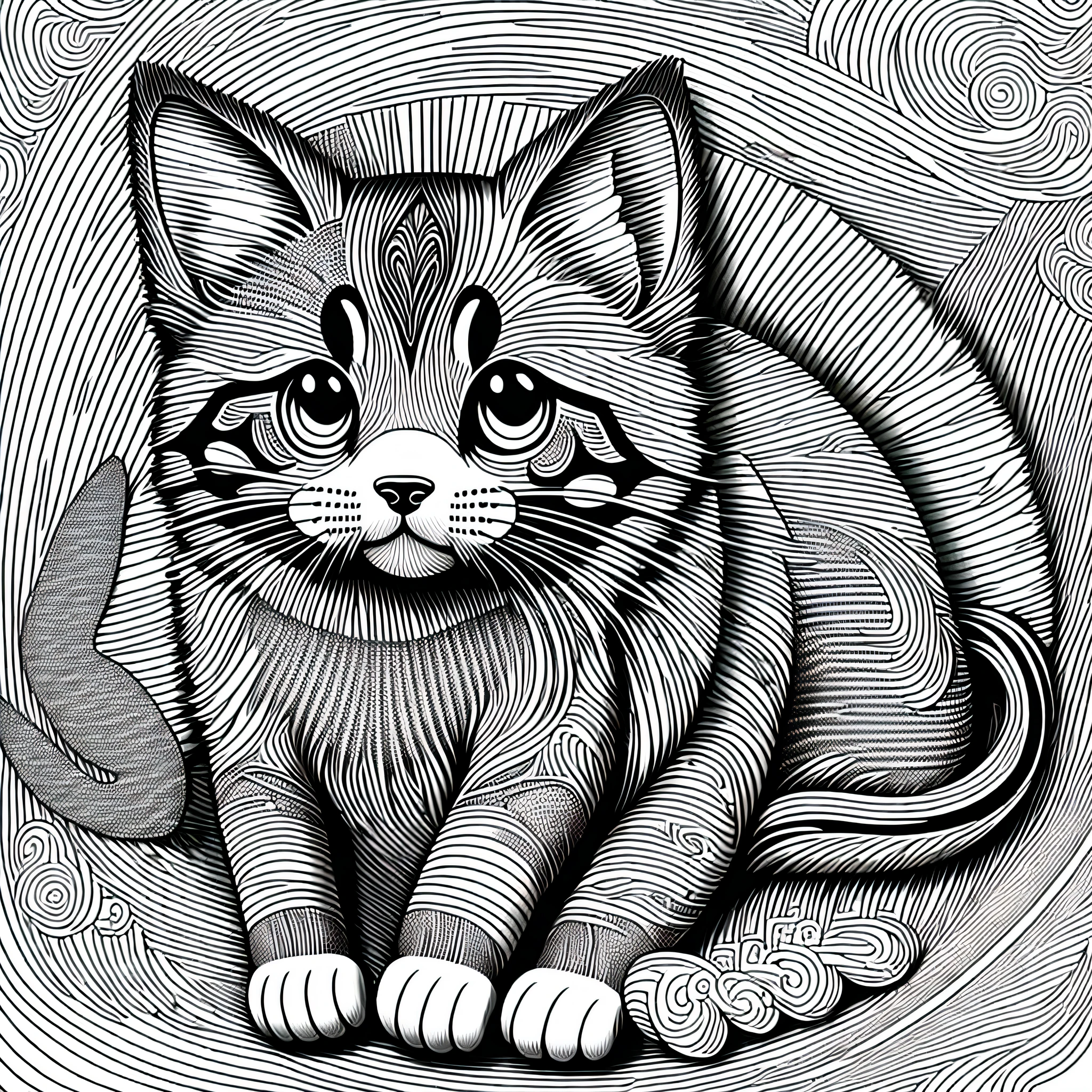 dog, kawaii style kitten, fantasy, magical, mystical, unusual, black and white, wavey lines, realistic line art drawing, coloring book page , no noise, crisp thick lines, outline art, centred image, isolated on a white background --v 4 --ar 2:3 --auto --s2