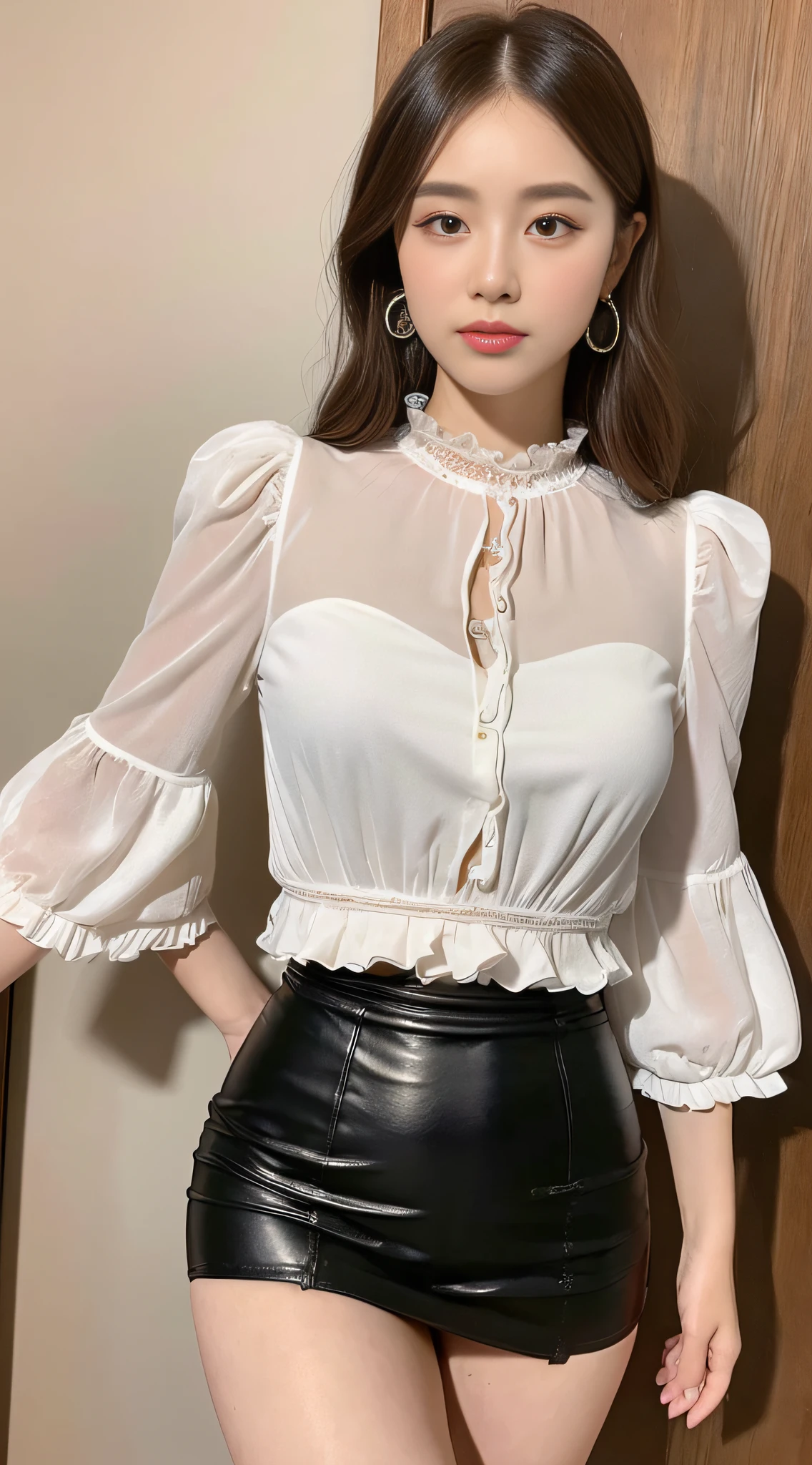 ((Top Quality, 8k, Masterpiece: 1.3)), Focus: 1.2, Butt: 1.2, ((Delicate Hair)), (Big Puff Blouse: 1.1), High Waist Leather Tight Skirt with Slit, Chubby,