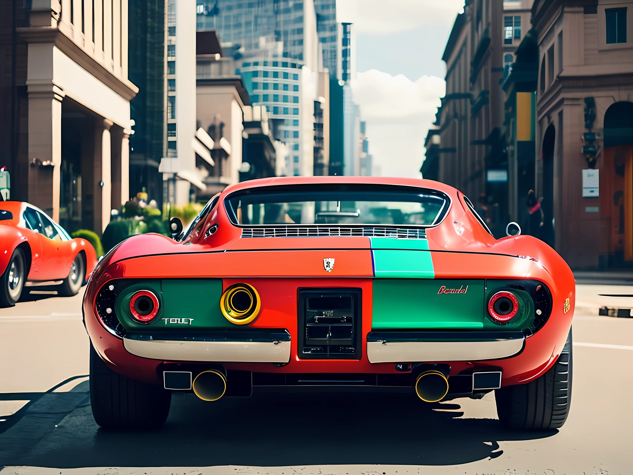 "Fking_scifi_v2, Cyberpunk theme, photo of a ferrari 280 gto, red, red ferrari,with emerald armor and intricate orange details. High detail and sharp focus with a dramatic feel."