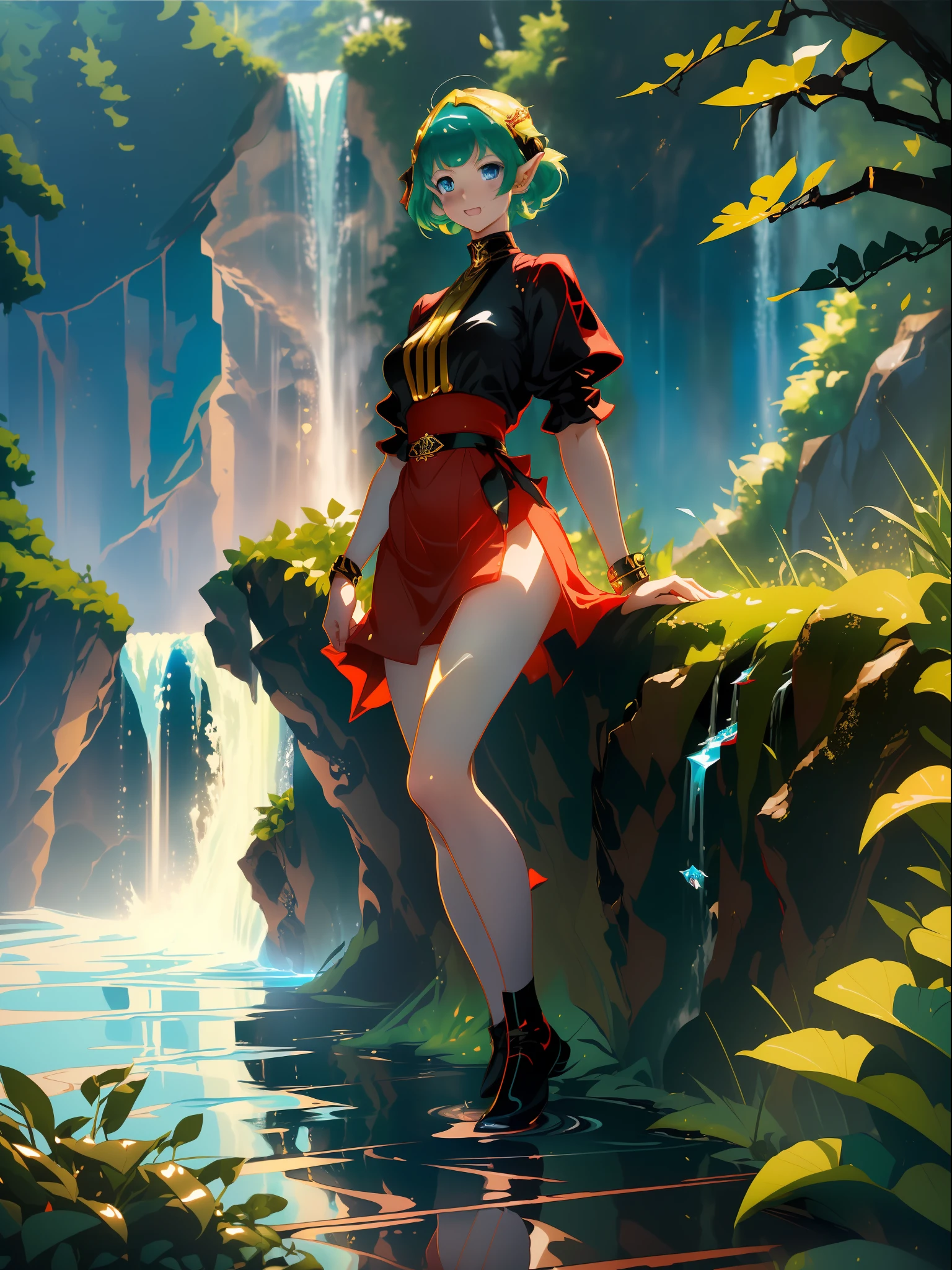 ((full-body photo, feet on the ground, front view)). Princess Zelda, {big breasts, red cheeks, red lipstick on her mouth, looking at the viewer}, {((black outfit with gold trim/maid's outfit with short shorts)}, she's bathing in a waterfall in an open area falling water, clothes and hair soaked. She has {((short green hair, blue eyes, looking at the viewer, smiling)}, anime, anime style, motion blur, 16k, high quality, super detail, textured skin, anatomically correct, masterpiece, masterpiece, masterpiece, UHD, ccurate