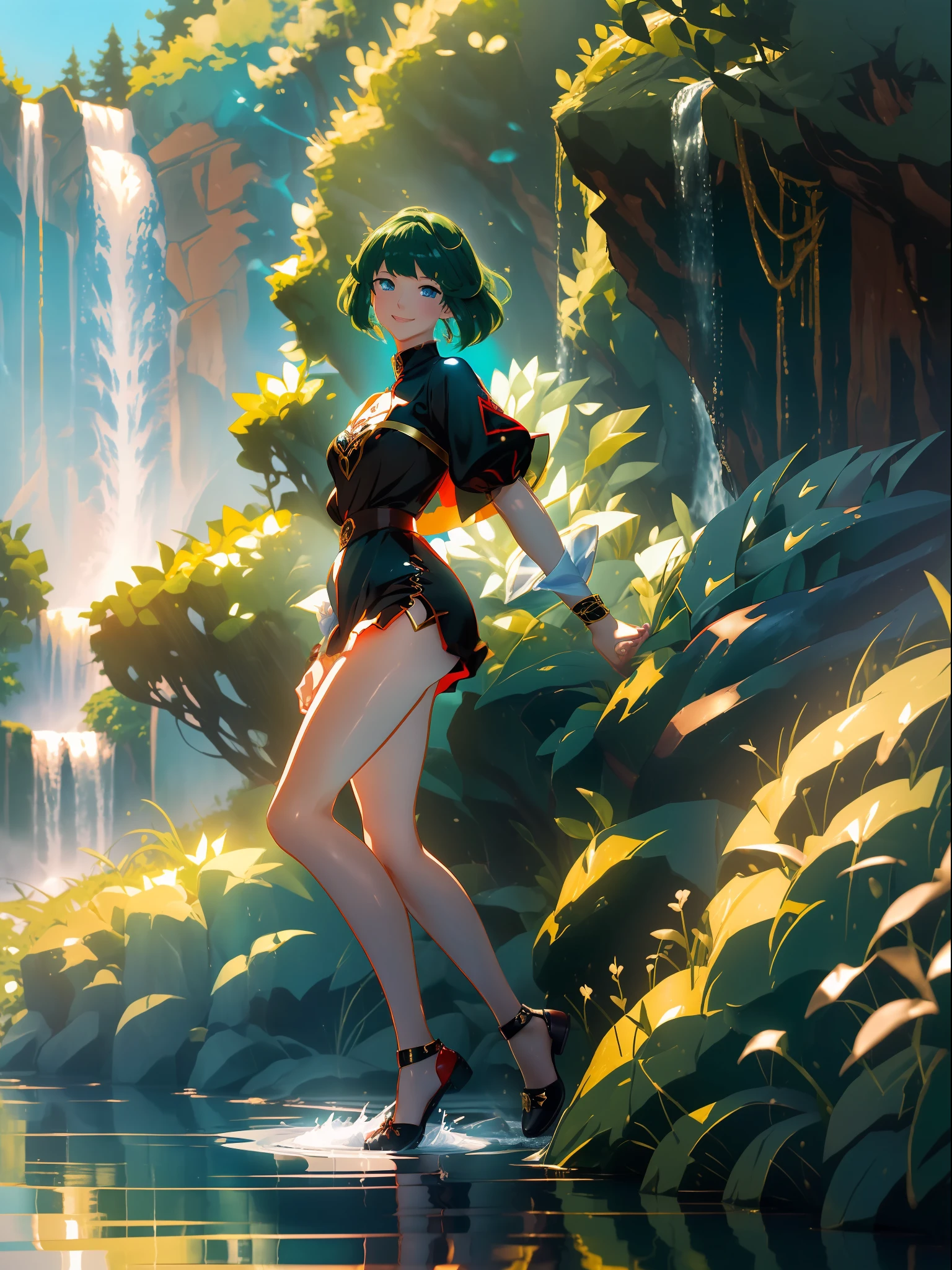 ((full-body photo, feet on the ground, front view)). Princess Zelda, {big breasts, red cheeks, red lipstick on her mouth, looking at the viewer}, {((black outfit with gold trim/maid's outfit with short shorts)}, she's bathing in a waterfall in an open area falling water, clothes and hair soaked. She has {((short green hair, blue eyes, looking at the viewer, smiling)}, anime, anime style, motion blur, 16k, high quality, super detail, textured skin, anatomically correct, masterpiece, masterpiece, masterpiece, UHD, ccurate