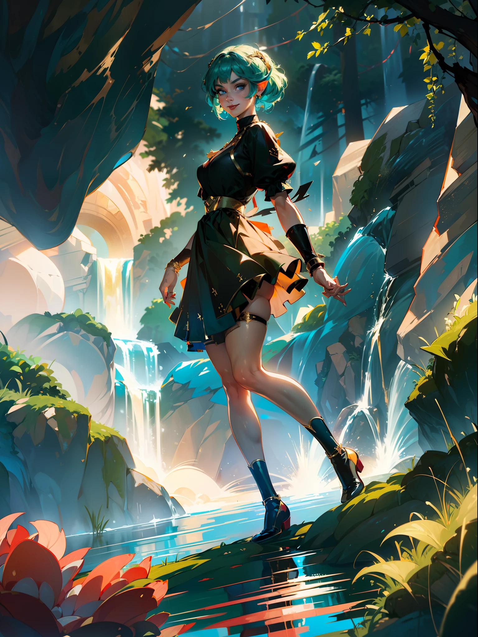 ((full-body photo, feet on the ground, front view)). Princess Zelda, {big breasts, red cheeks, red lipstick on her mouth, looking at the viewer}, {((black outfit with gold trim/maid's outfit with short shorts)}, she's bathing in a waterfall in an open area falling water, clothes and hair soaked. She has {((short green hair, blue eyes, looking at the viewer, smiling)}, anime, anime style, motion blur, 16k, high quality, super detail, textured skin, anatomically correct, masterpiece, masterpiece, masterpiece, UHD, ccurate