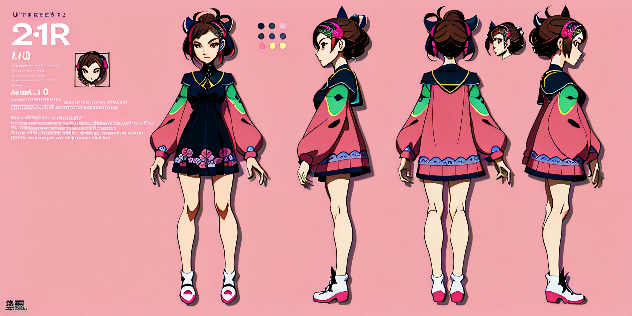 (masterpiece), (best quality: 1.0), (ultra highres: 1.0), detailed illustration, 8k, anime character design of a young woman in a short pink dress with a bow, detailed face, perfect face, anime eyes, detailed eyes, dark brown eyes, detailed hair, hair highlights,highly detailed, anime style, vibrant, colorful, colorful photo, character design art,  highly detailed character design, [ character design ], detailed full body concept, detailed character design, detailed full body concept art, fashion concept art, full body character design, beautiful anime character design, high quality character design, character concept design, anime character design,  Unrealistic character concept, (((detailed face)))), HD, Intricate