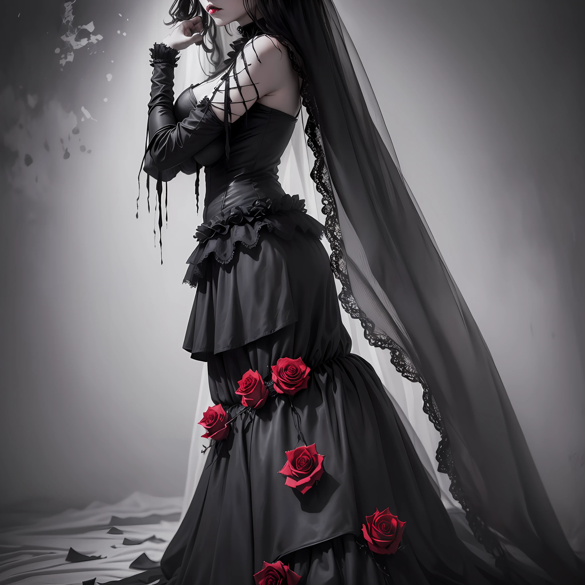 (best quality), (top quality), (dark), (whole body), (melancholy), (sadness), (agony), (terror), (horror), (black and white), (realistic photo), (real photo), (full body) dark bride with shiny black veil, crying bloodstained with red roses in her hands. --auto --s2