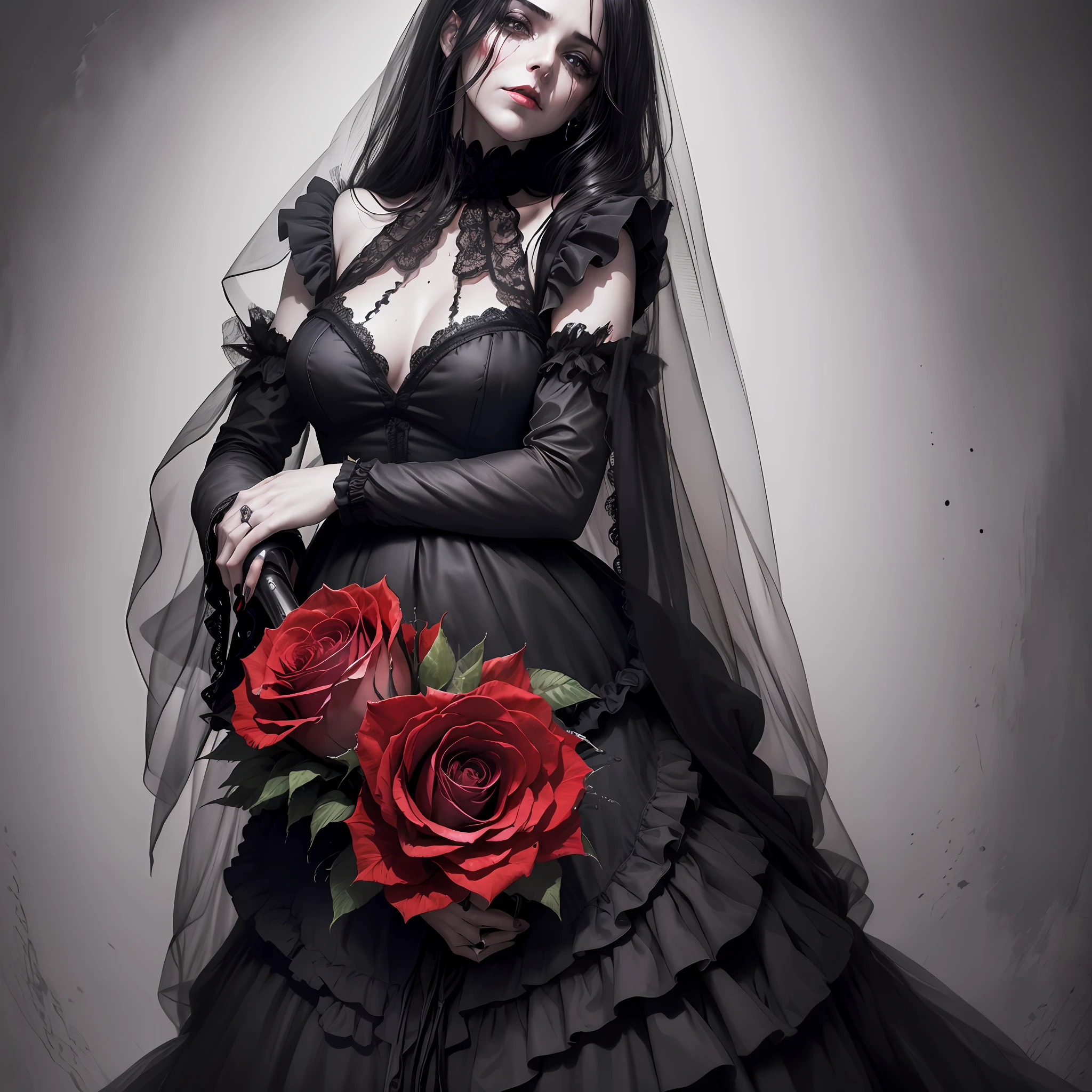 (best quality), (top quality), (dark), (whole body), (melancholy), (sadness), (agony), (terror), (horror), (black and white), (realistic photo), (real photo), (full body) dark bride with shiny black veil, crying bloodstained with red roses in her hands. --auto --s2