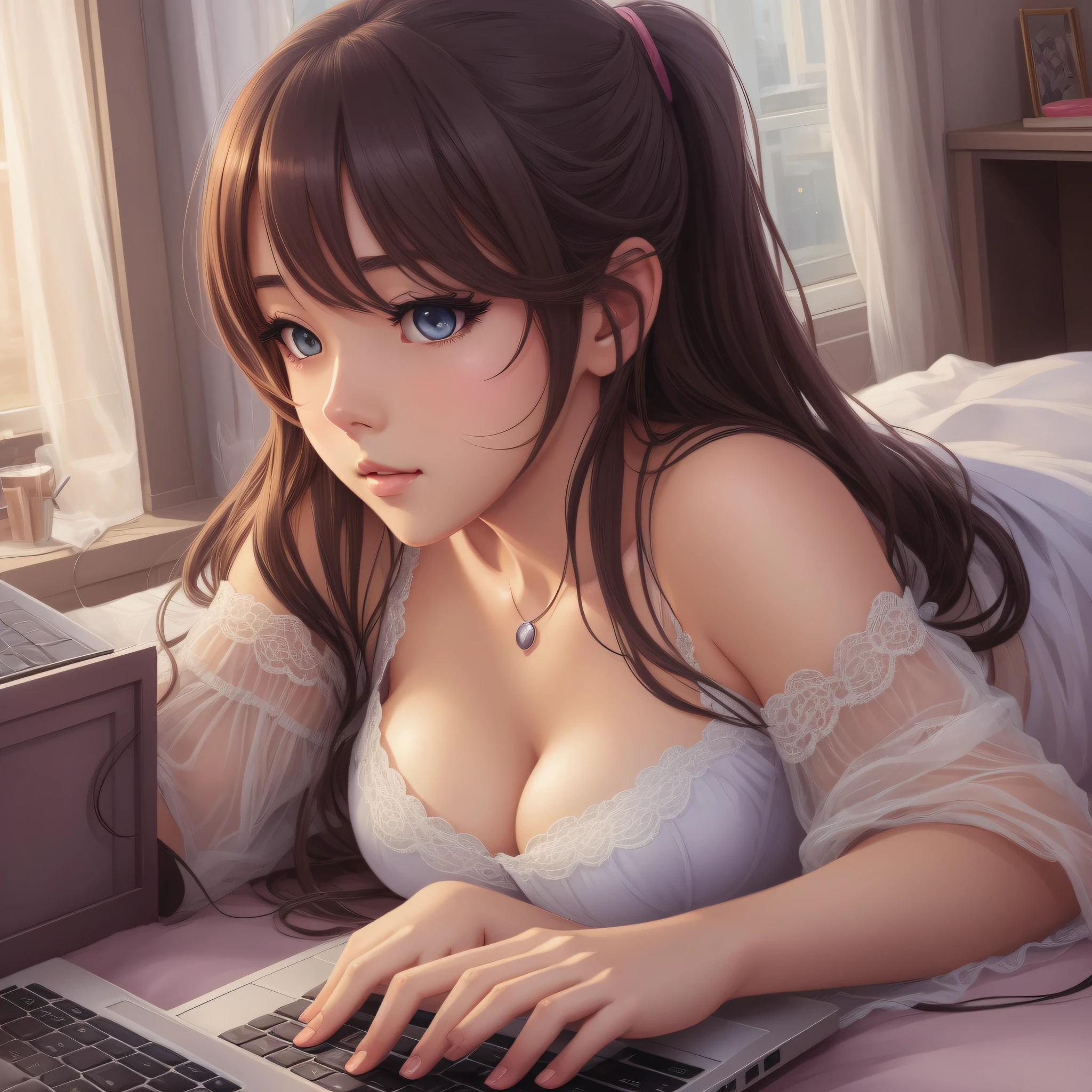 "There's a woman lying on a bed with a laptop, quality of the masterpiece, perfect illustration, dedicated, detailed, Loish and Wlop style, seductive expression of the anime girl."