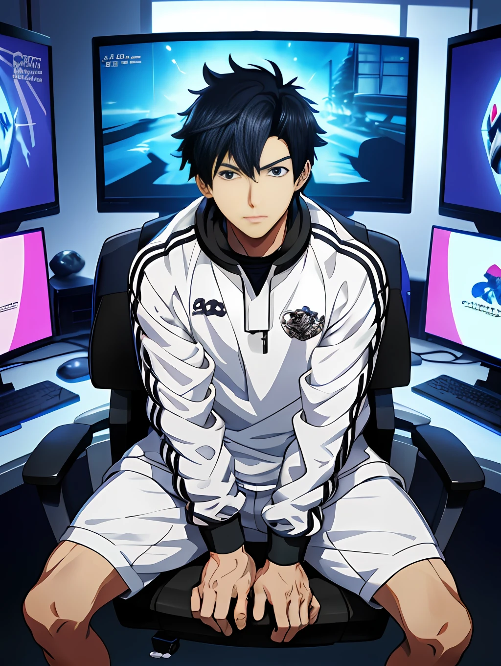 anime character sitting in front of a computer desk with multiple monitors, kentaro miura art style, key art anime sharp focus, key anime art, official anime still, official artwork, official art, shigenori soejima illustration, official anime artwork, kentaro miura manga art style, trigger anime artstyle, inspired by Okumura Masanobu