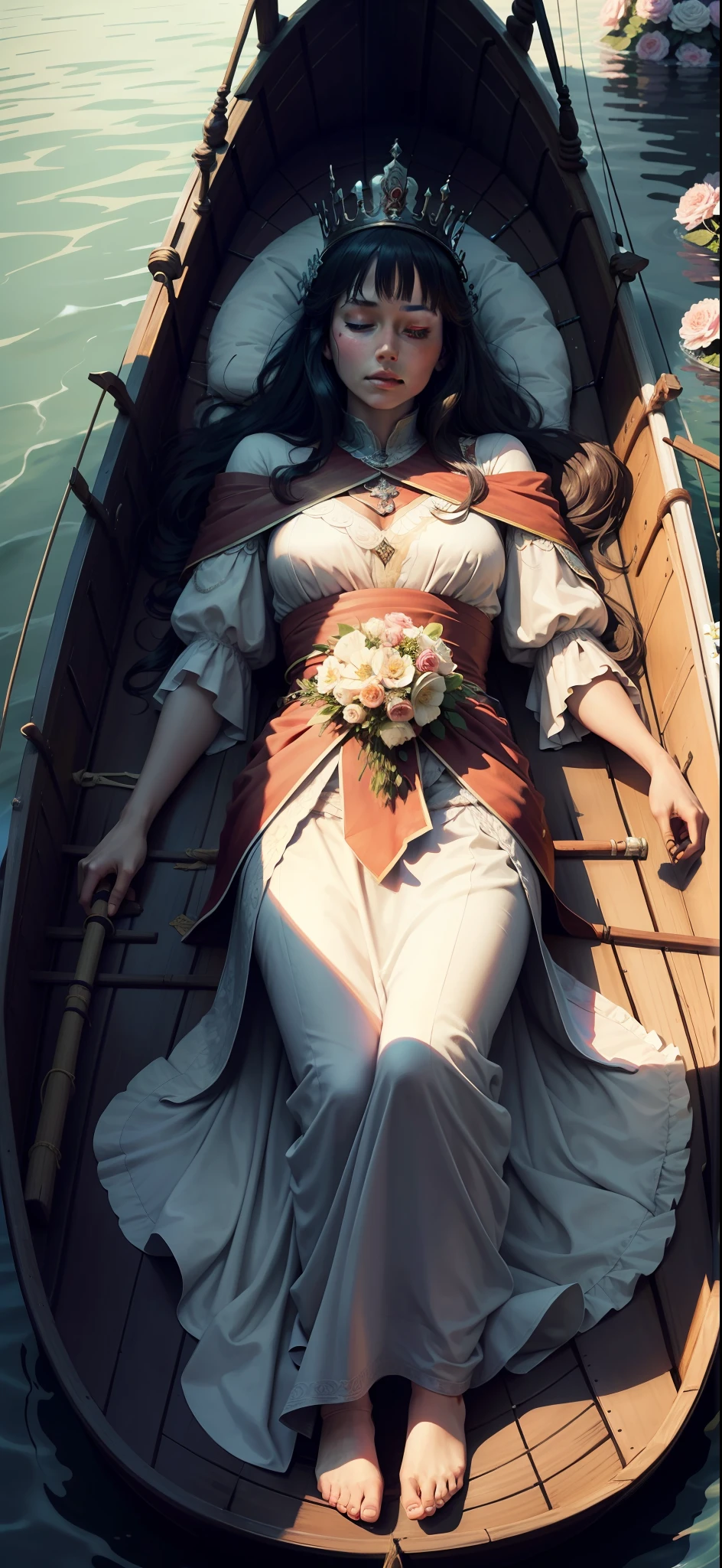 The queen lies on the boat, sleeping,surrounded by flowers, in preparation for the pyre ceremony.