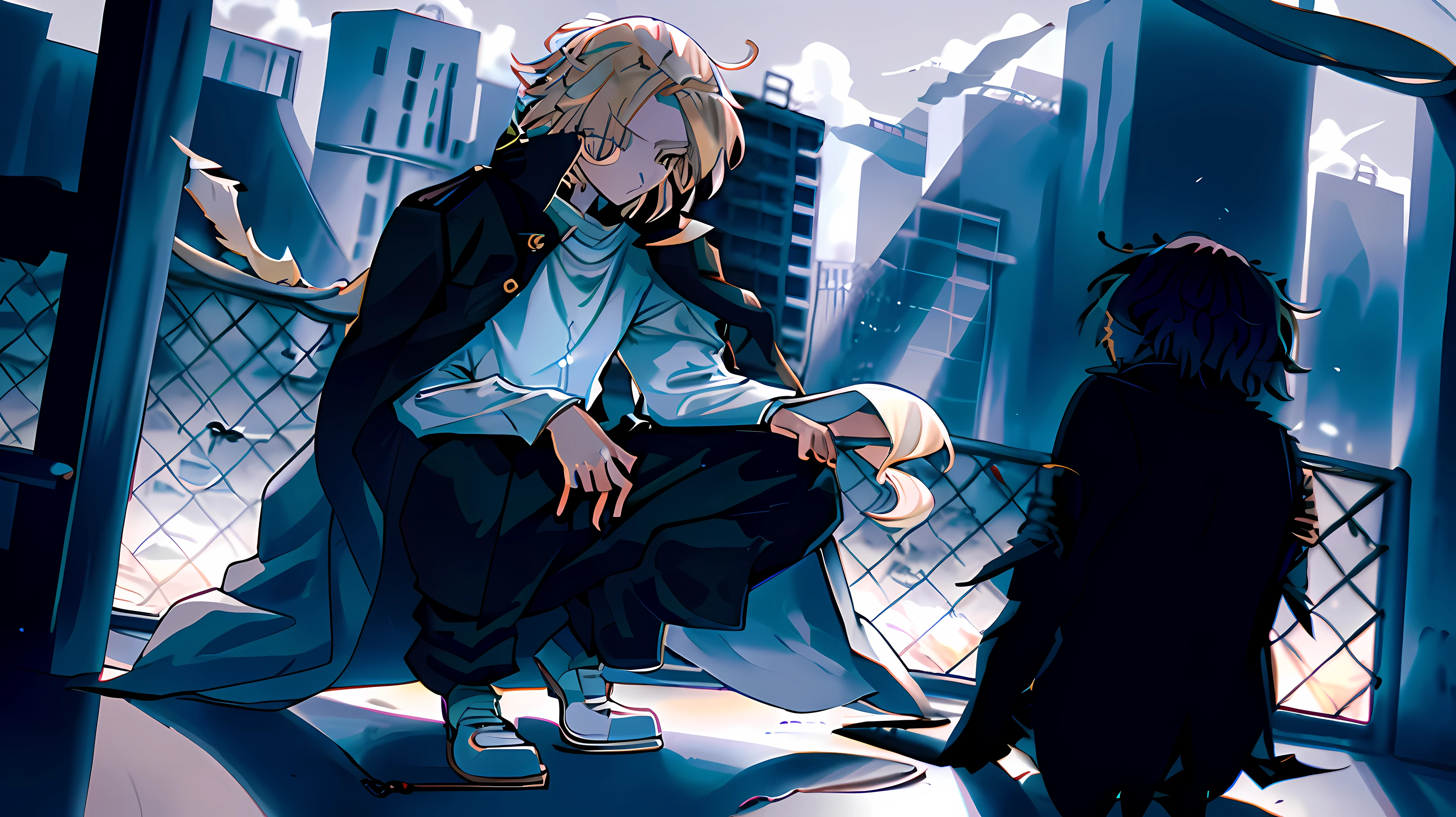mikey, manjiro_sano, tokyo_revengers, 1boy, male focus, blonde hair, black eyes, squatting, pants, shirt, long sleeves, solo, white shirt, full body, jacket, outdoors, hair over one eye, jacket on shoulders, long hair, looking at viewer, closed mouth, empty eyes, black pants, coat, medium hair, white footwear, coat on shoulders, feathers, fence, bird, shoes, chain-link fence