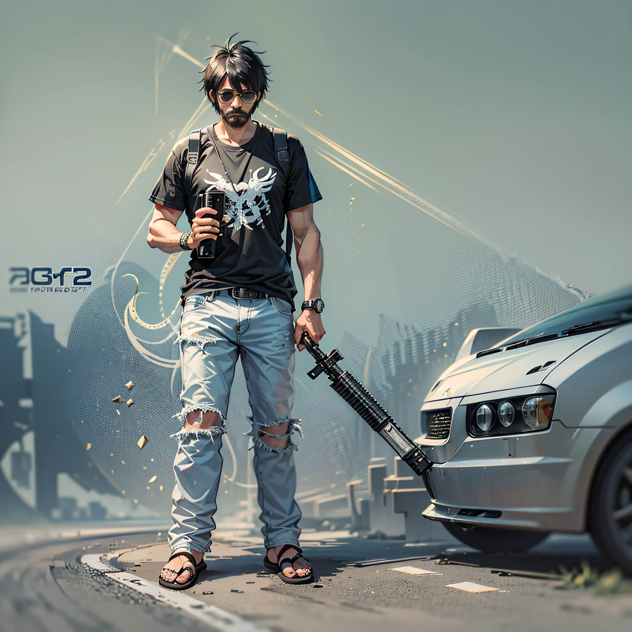 ANIME character, full body, black hair, MALE, black sunglasses, With mustache, holding an AK-47, white lacoste shirt, jeans, flip-flops, RIO DE JANEIRO, (concept brazil) --auto --s2