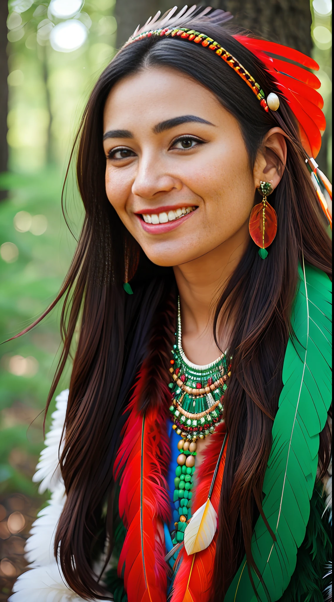 (full portrait), solo, masterpiece, best quality, 8k, sharp focus, ((ultrarealistic)), high details, raw photo portrait, ((1 girl,)) beautiful brunette woman of 50 years, brown, (serene expression), (beautiful smile, charming), no clothes , prayer beads, tribal jewelry, ((green and red feathers on forehead: 1.5)), chief's headdress: 1.5, photo in the woods with (trees), (winds) in the background of the image birds, flying butterflies, The expression lines on his face can be seen clearly. The texture of its feathers and face is exceptionally ultra detailed.