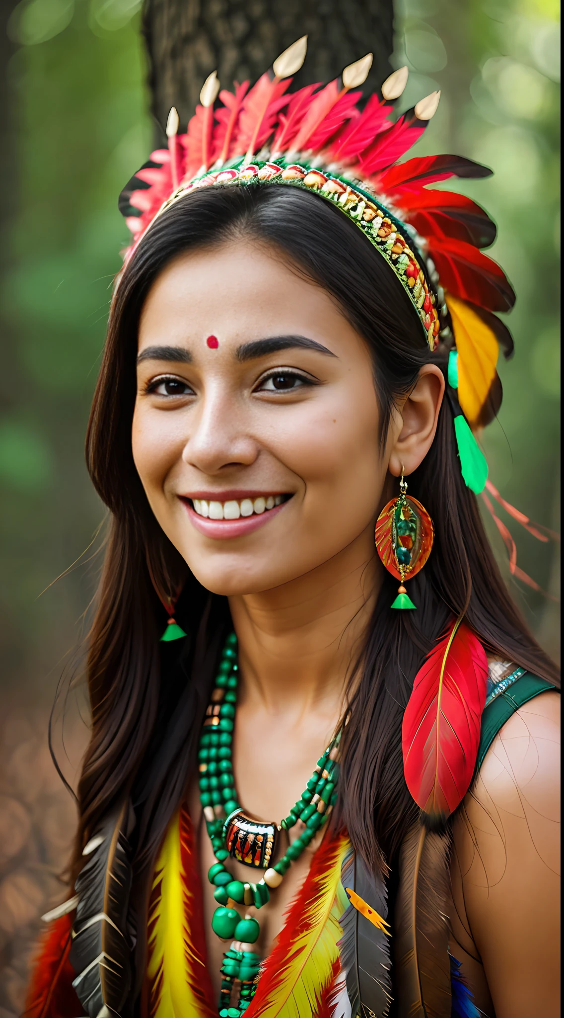 (full portrait), solo, masterpiece, best quality, 8k, sharp focus, ((ultrarealistic)), high details, raw photo portrait, ((1 girl,)) beautiful brunette woman of 50 years, brown, (serene expression), (beautiful smile, charming), no clothes , prayer beads, tribal jewelry, ((green and red feathers on forehead: 1.5)), chief's headdress: 1.5, photo in the woods with (trees), (winds) in the background of the image birds, flying butterflies, full body photo, The expression lines on his face can be seen clearly. The texture of its feathers and face is exceptionally ultra detailed.