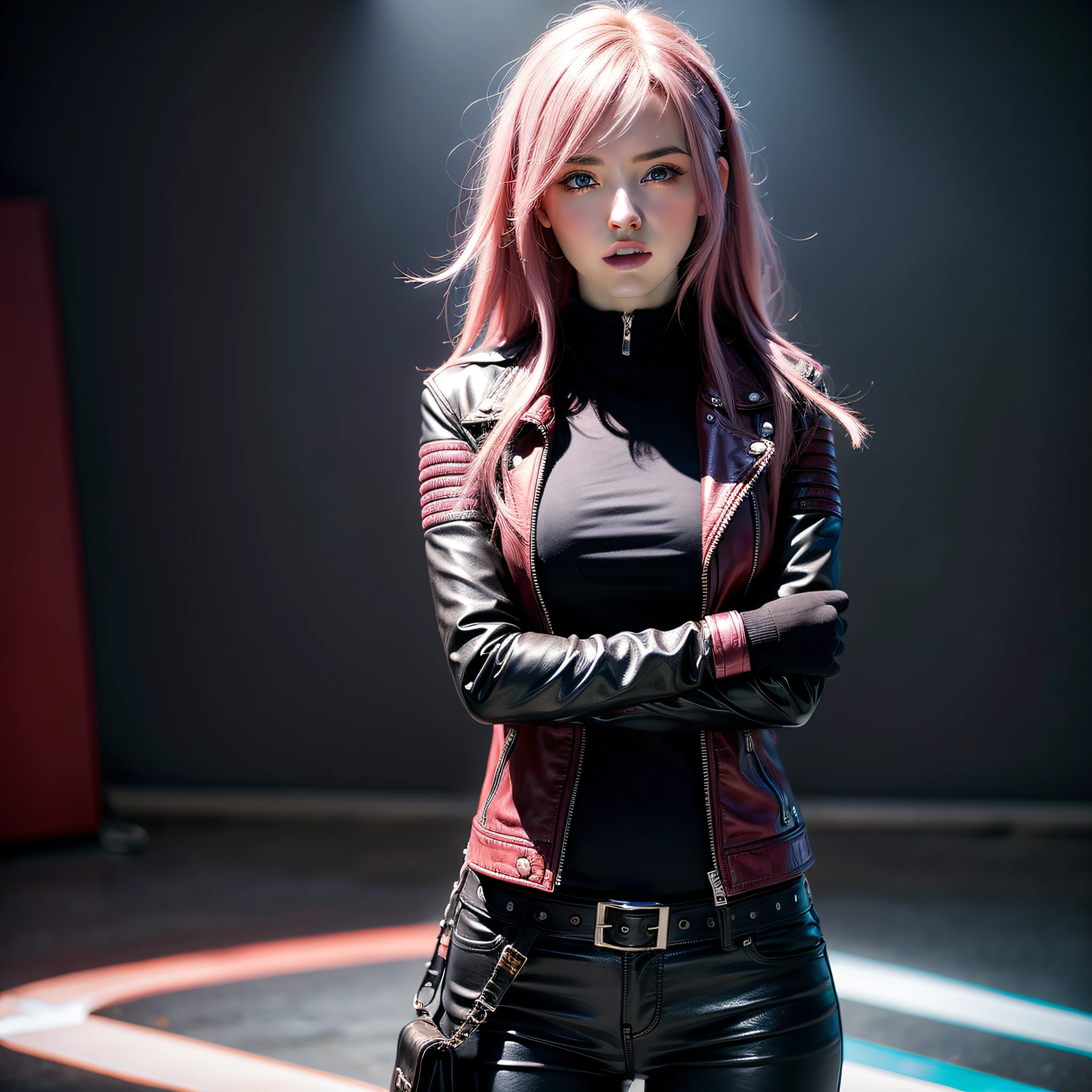 masterpiece, best quality, hyper-realistic, high-resolution, digital painting, dynamic pose,(1girl), blue eyes, pink hair, punk style, leather jacket, smirking, looking directly at viewer)