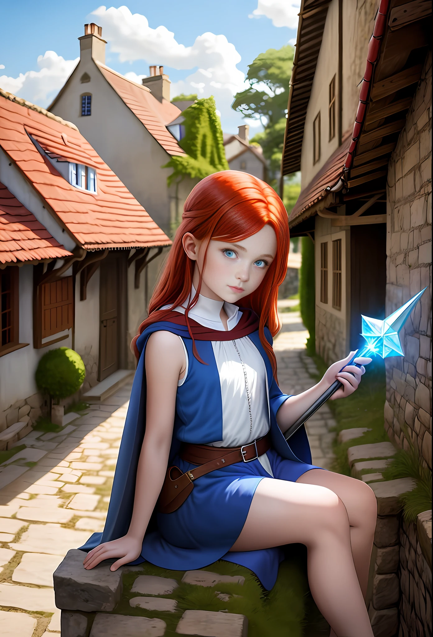 young girl with red hair and blue eyes sitting in between two houses of a medieval village and looking at the viewer, the girl is wearing a sleeveless wizard's robe and holding a small crystal scepter