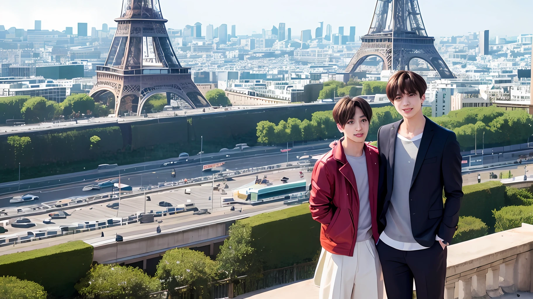 jungkook and Kim Tae-Hyung at the Eiffel tower