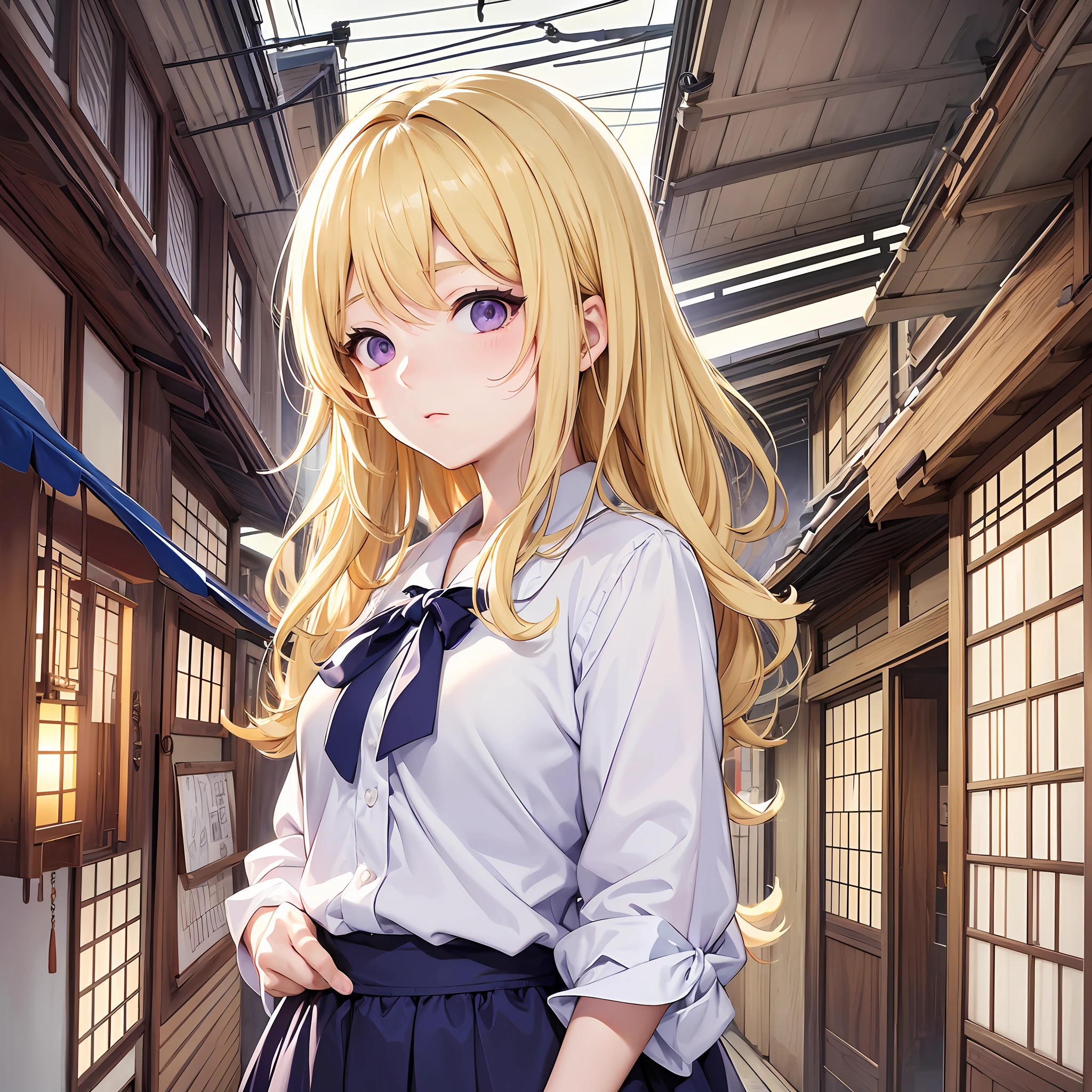 Ultra quality, masterpiece, drawing, animation, anime girl, 2d, Japanese art style, colorful Japanese manga, lineart, girl with medium blonde hair and lilac eyes, blouse and shorts, Japanese urban scenery, light lighting --auto --s2