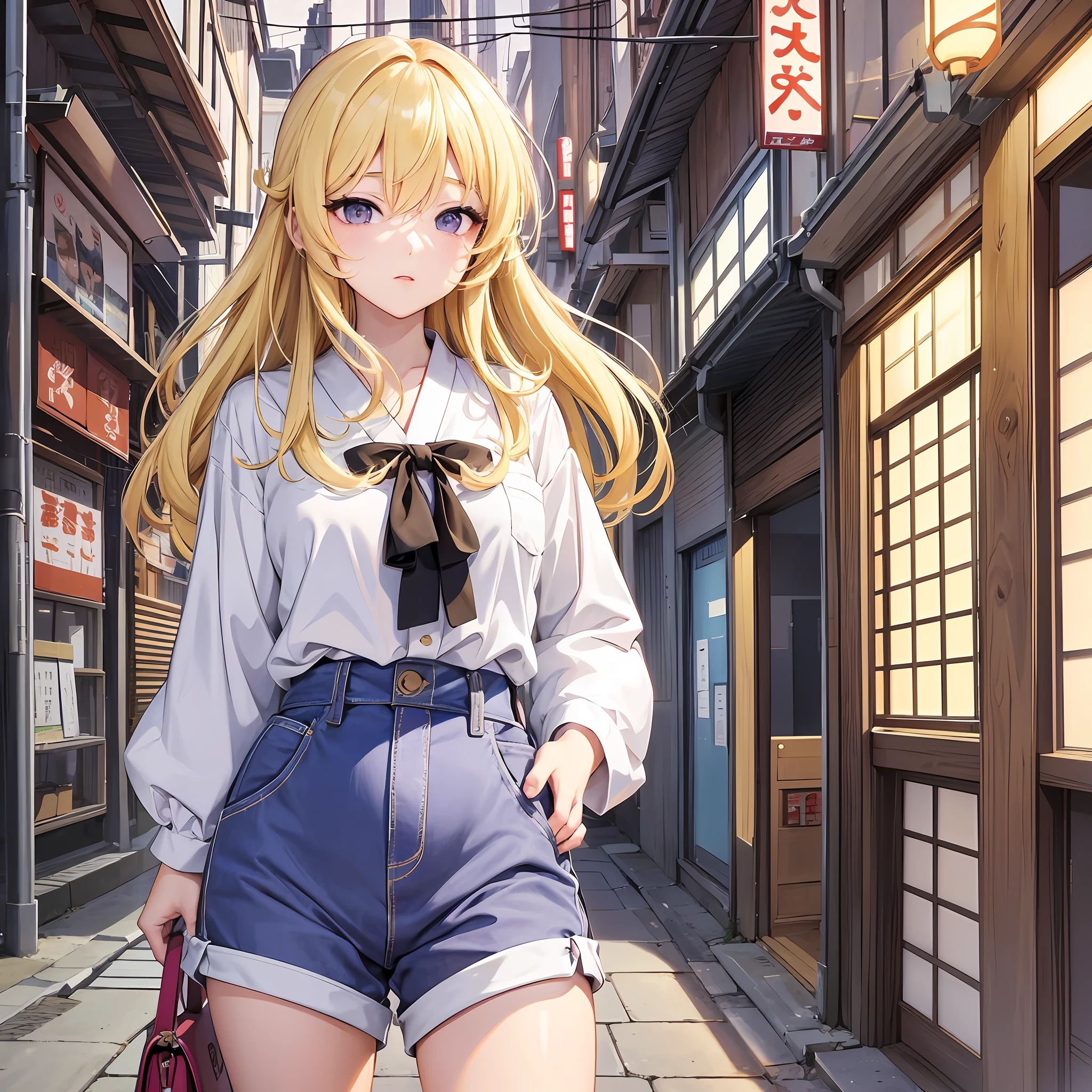 Ultra quality, masterpiece, drawing, animation, anime girl, 2d, Japanese art style, colorful Japanese manga, lineart, girl with medium blonde hair and lilac eyes, blouse and shorts, Japanese urban scenery, light lighting --auto --s2