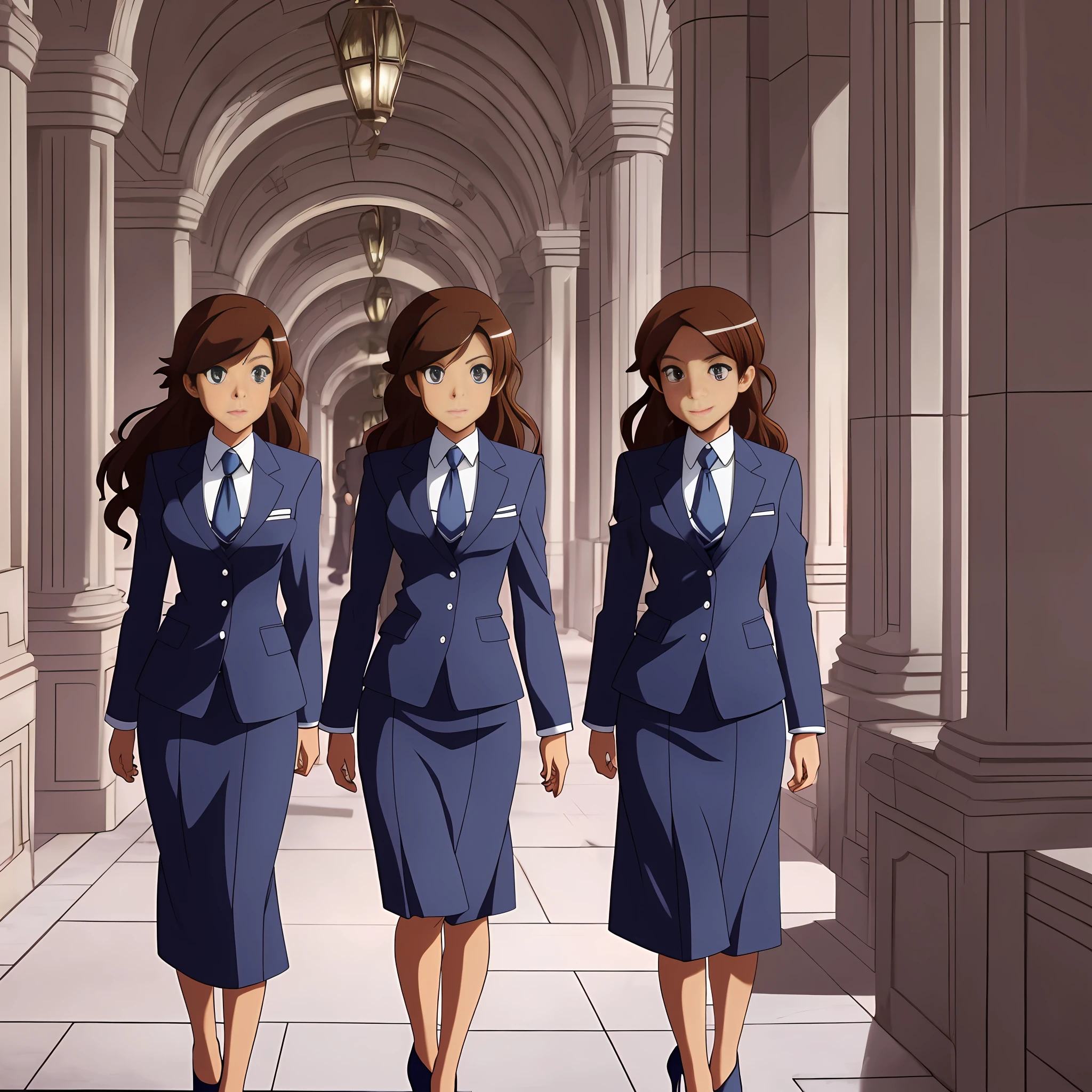 perfect anime illustration, multiple girls, clones, identical sisters, brown hair, curly hair, long hair, matching hairstyle, hazel eyes, smiling, business attire, blue skirt suit, black high heels, matching outfits, businesswomen, highres, full body, bare legs, neat rows of sisters, neat columns of sisters, sisters standing in formation