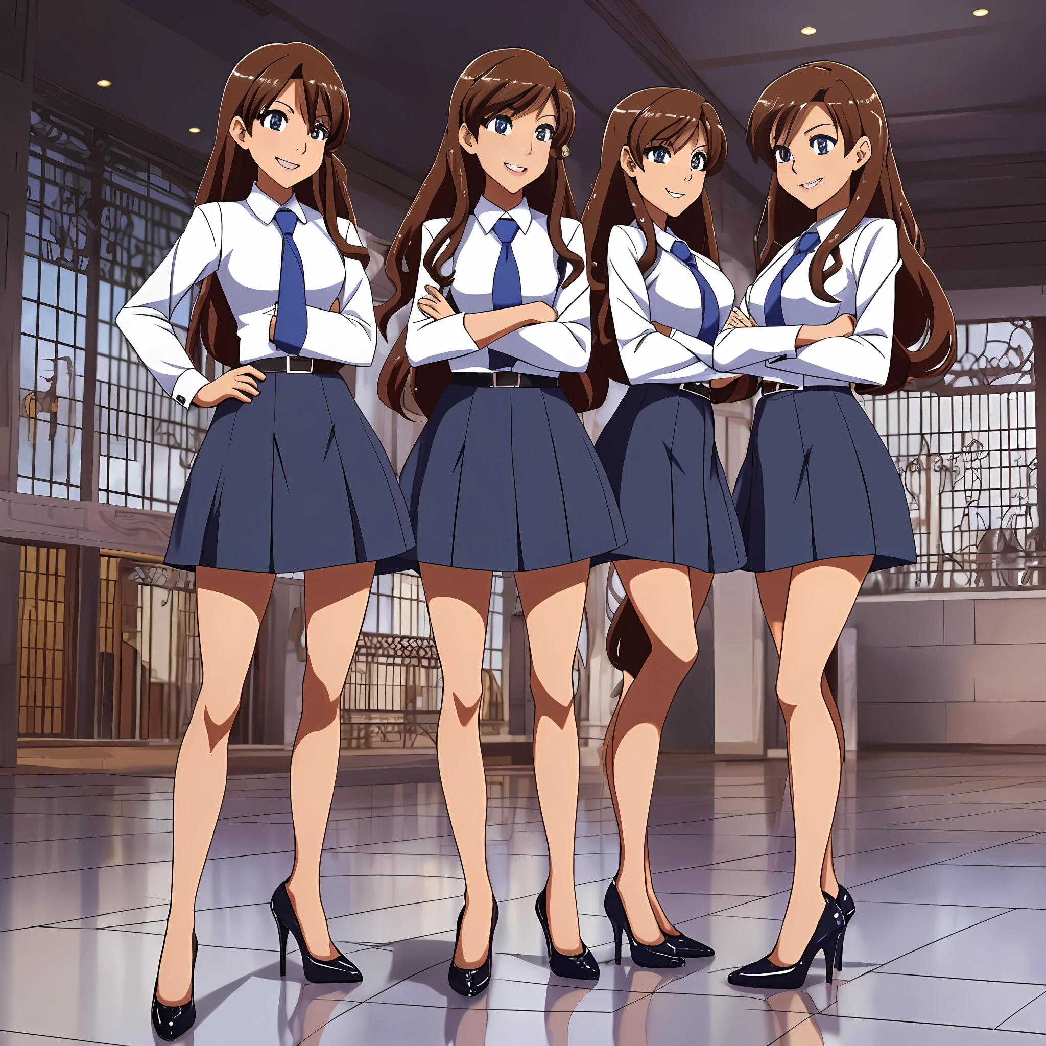 perfect anime illustration, multiple girls, clones, identical sisters, brown hair, curly hair, long hair, matching hairstyle, hazel eyes, smiling, business attire, blue skirt suit, black high heels, matching outfits, businesswomen, highres, full body, bare legs, neat rows of sisters, neat columns of sisters, sisters standing in formation