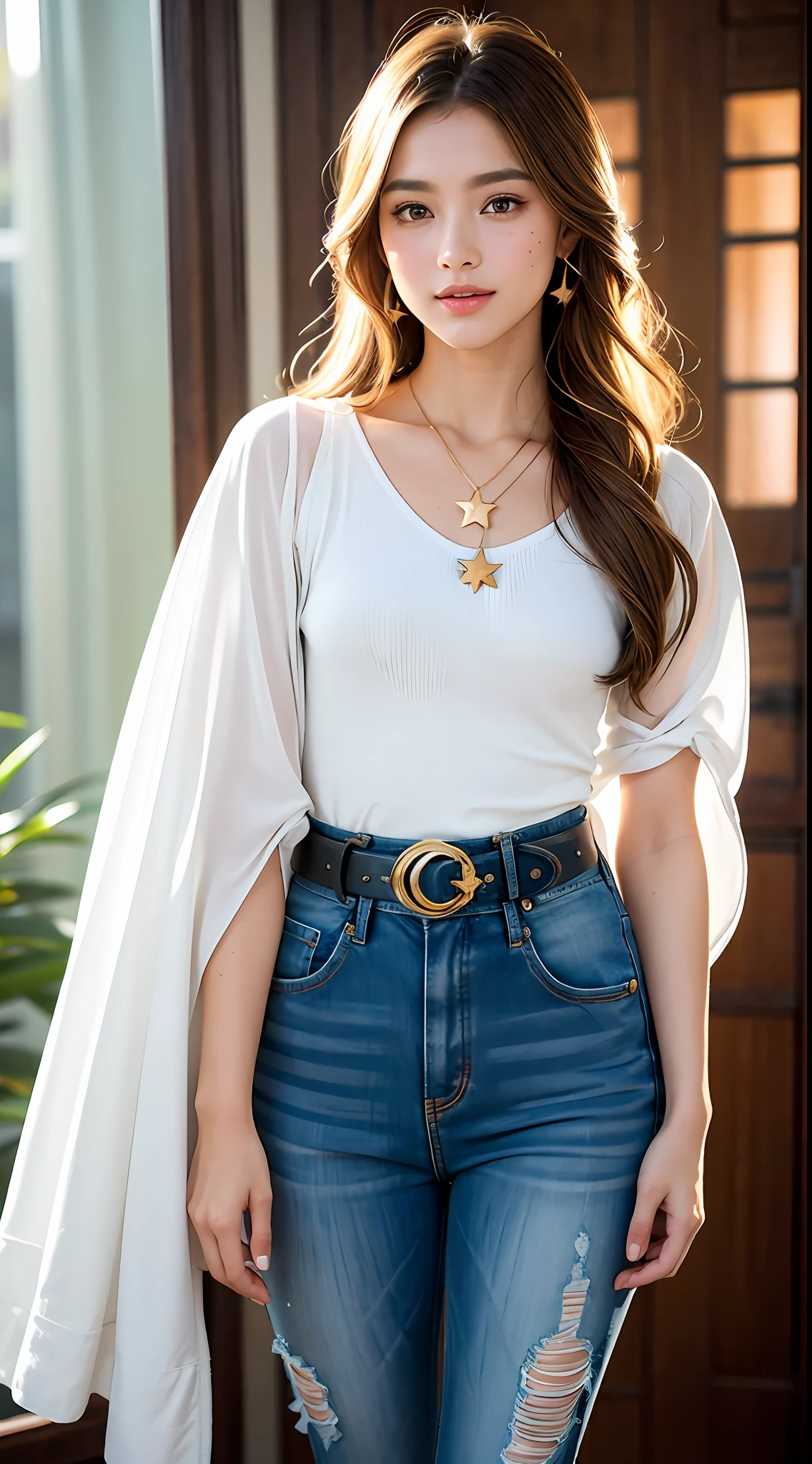 A photograph of a beautiful ((17 years)) American woman, award-winning photo, best quality, portrait by Annie Leibovitz, Canon 5D Mark II, film, professional photography, (rich colors: 1.1), hyper realistic, realistic texture, (natural lighting: 1.1), (Canon EF 85mm f/1.4L IS USM), ripped jeans shorts, cropped printed flower, full body, standing, face makeup, hair very long,  brown hair mixed with blonde, slightly wavy hair, large and bright green eyes, rounded eyes, western woman, thick lips, very tanned skin, shy smile, extremely beautiful, long eyelashes, extremely detailed eyes and face, thin and plump nose, realistic pupils, thick legs, thin waist, light freckles on the face, star earrings, hair parted sideways, arched eyebrow,  Black mascara on the eyes, bracelet with star pendant, metal belt, cord with star pendant (Increase the mood of the body line:1.1), (Increase the quality of cinematic lighting: 0.9), (Increase the beauty of the skin texture:1.1), smooth white background wall