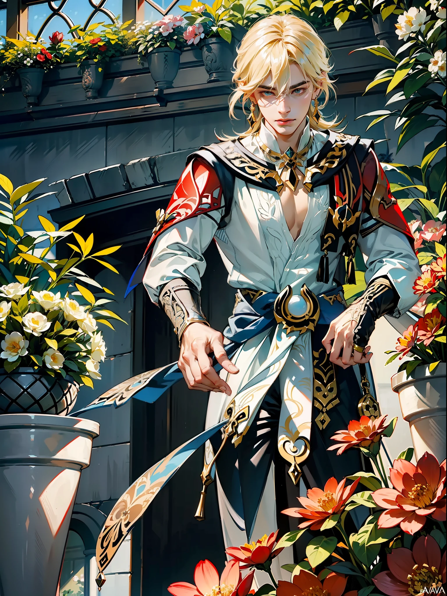 extremely delicate and beautiful, Amazing, finely detail, masterpiece, ultra-detailed, highres,best illustration, best shadow,intricate,sharp focus, high quality, 1male, solo, blond hair. red eyes, kaveh genshin impact, glass greenhouse, flowers in pots, flowers for sale, man looking at flowers, flowers everywhere