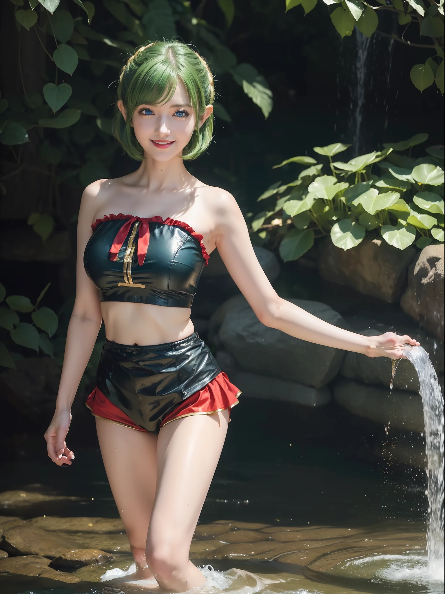 ((full-body photo, feet on the ground, front view)). Princess Zelda, {big breasts, red cheeks, red lipstick on her mouth, looking at the viewer}, {((black outfit with gold trim/maid's outfit with short shorts)}, she's bathing in a waterfall in an open area falling water, clothes and hair soaked. She has {((short green hair, blue eyes, looking at the viewer, smiling)}, anime, anime style, motion blur, 16k, high quality, super detail, textured skin, anatomically correct, masterpiece, masterpiece, masterpiece, UHD, ccurate