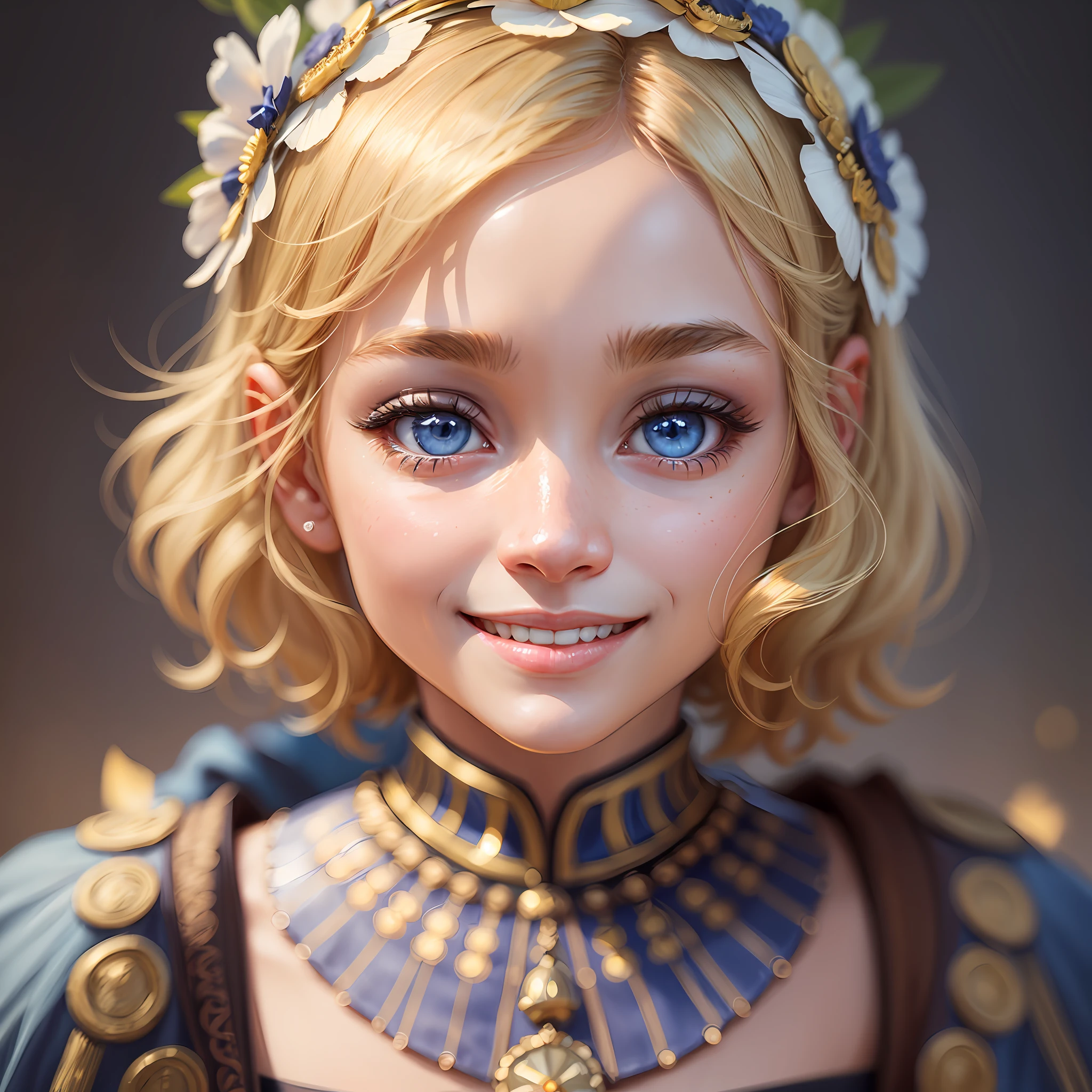 Delicate face, Very beautiful girl smiling, light skin tone, , hyper realistic, 3/4 focus, blonde, short hair, photorealistic, blue eyes, delicate face, beautiful eyes, big eyelashes, lots of details, realistic lighting --auto --s2