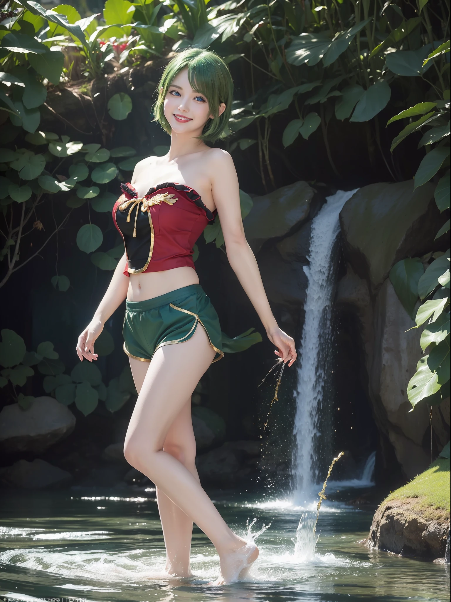 ((full-body photo, feet on the ground, front view)). Princess Zelda, {big breasts, red cheeks, red lipstick on her mouth, looking at the viewer}, {((black outfit with gold trim/maid's outfit with short shorts)}, she's bathing in a waterfall in an open area falling water, clothes and hair soaked. She has {((short green hair, blue eyes, looking at the viewer, smiling)}, anime, anime style, motion blur, 16k, high quality, super detail, textured skin, anatomically correct, masterpiece, masterpiece, masterpiece, UHD, ccurate