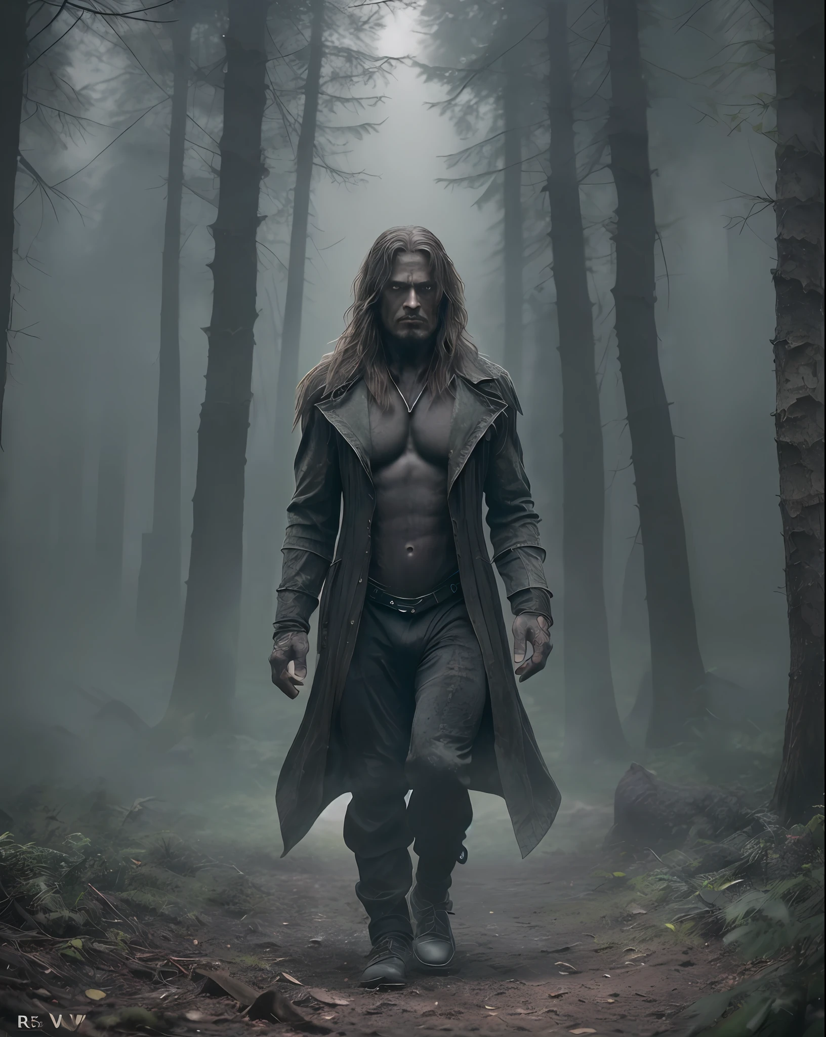(((night, dramatic effect, a shadowy background grove with an intense, ultra realistic and detailed fog, best quality, 32K, amazing photography, natural night light, movie directed by Peter Jackson twilight wide-angle lens::20 H.R Giger::20 --ar 2048:1536 --iw 1.3 --s 300 --v 5.1 --raw style))). A half-man half-let creature walking in the forest